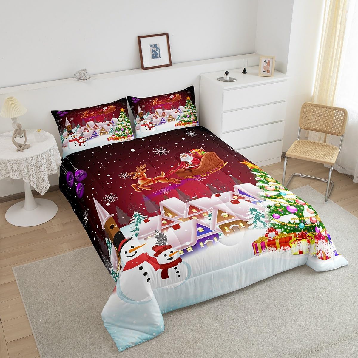 Manfei Juego de edredón de Navidad, tamaño King, juego de ropa de cama de árbol de Navidad de muñeco de nieve, 3 piezas para decoración de