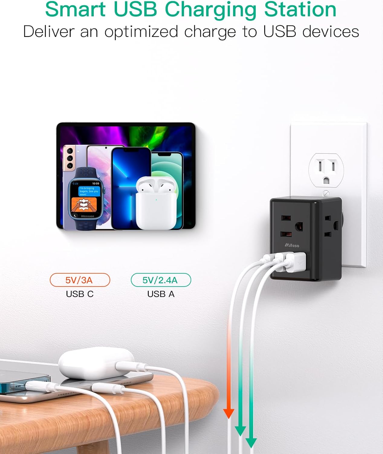 Extensor de toma de corriente, cargador de pared USB con 3 puertos USB (1 USB C), regleta de alimentación sin protector de sobretensiones, artículos