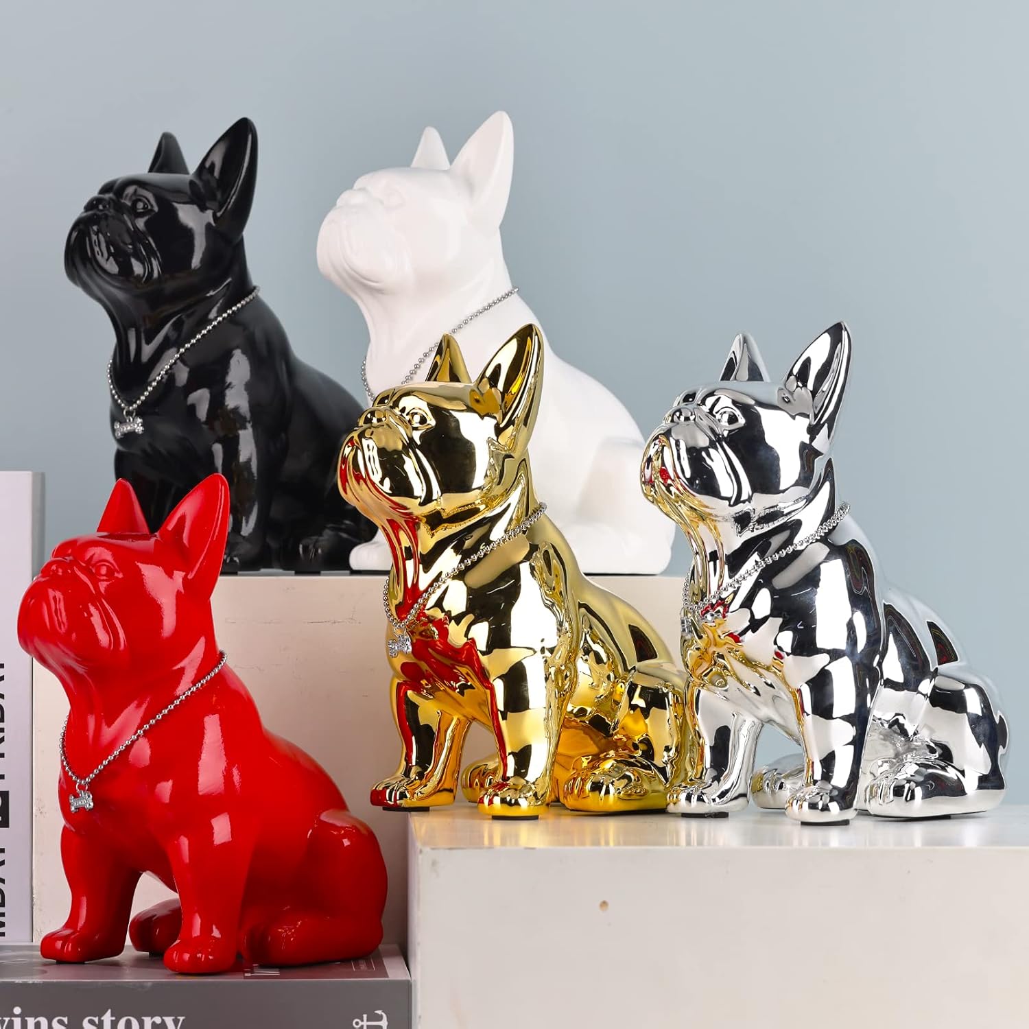 XYQXYQ Estatua de bulldog francés de metal, colorida estatua de perro de resina sentada, bulldog británico, decoración del hogar, estatua de bulldog