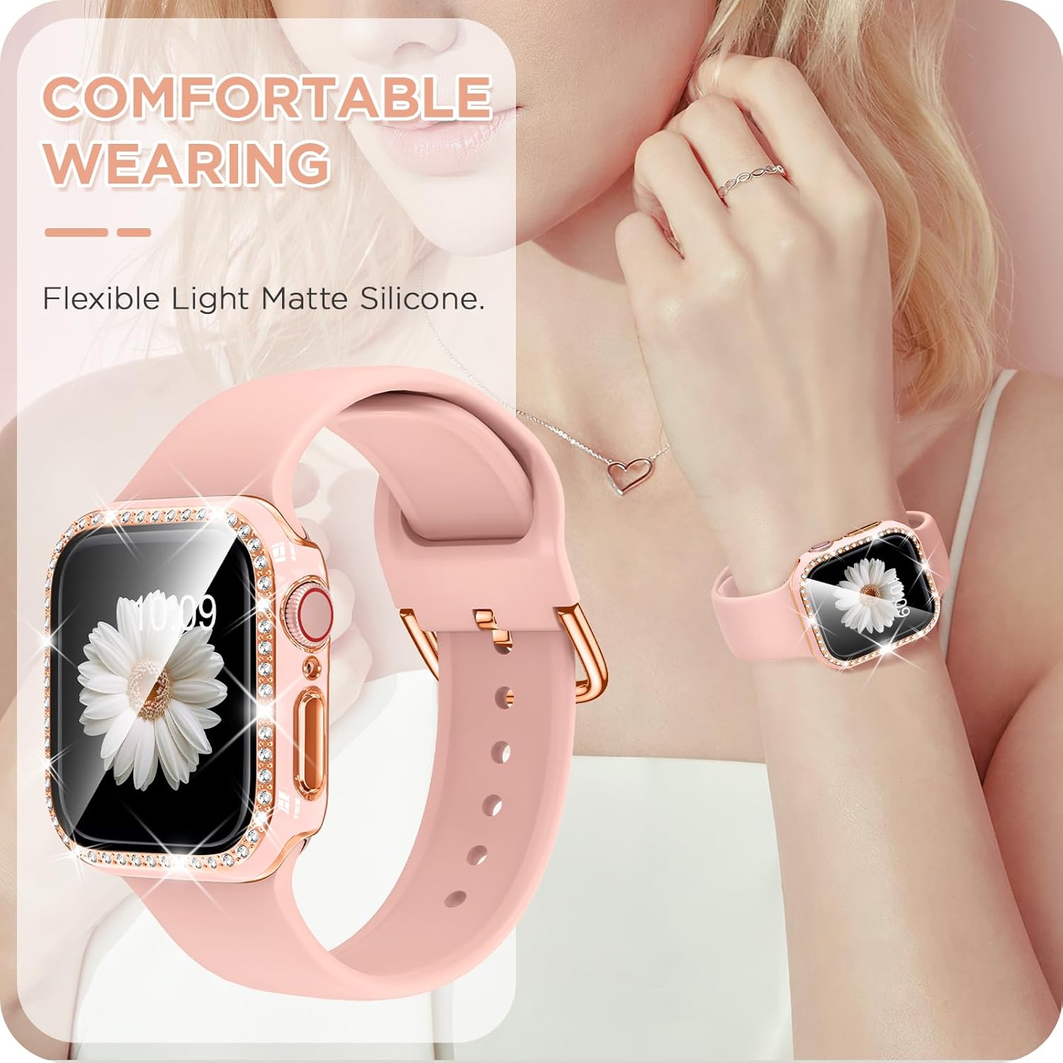 DABAOZA Correa de reloj compatible con Apple Watch con funda de parachoques con purpurina, correa de silicona suave y cómoda con hebilla para iWatch