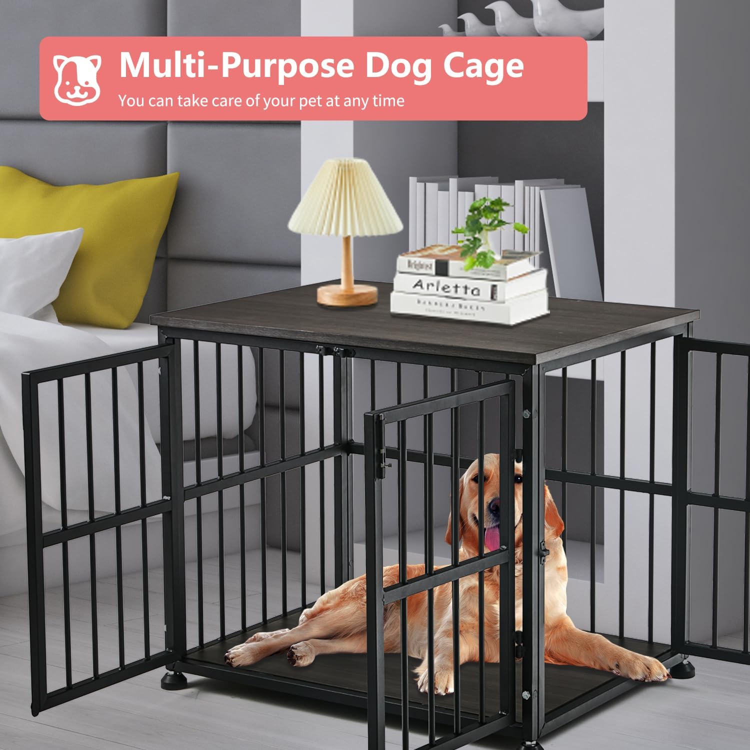 Mueble resistente de 32 pulgadas para perros medianos y grandes, mesa auxiliar de madera para perros, jaula decorativa para mascotas con 3 puertas