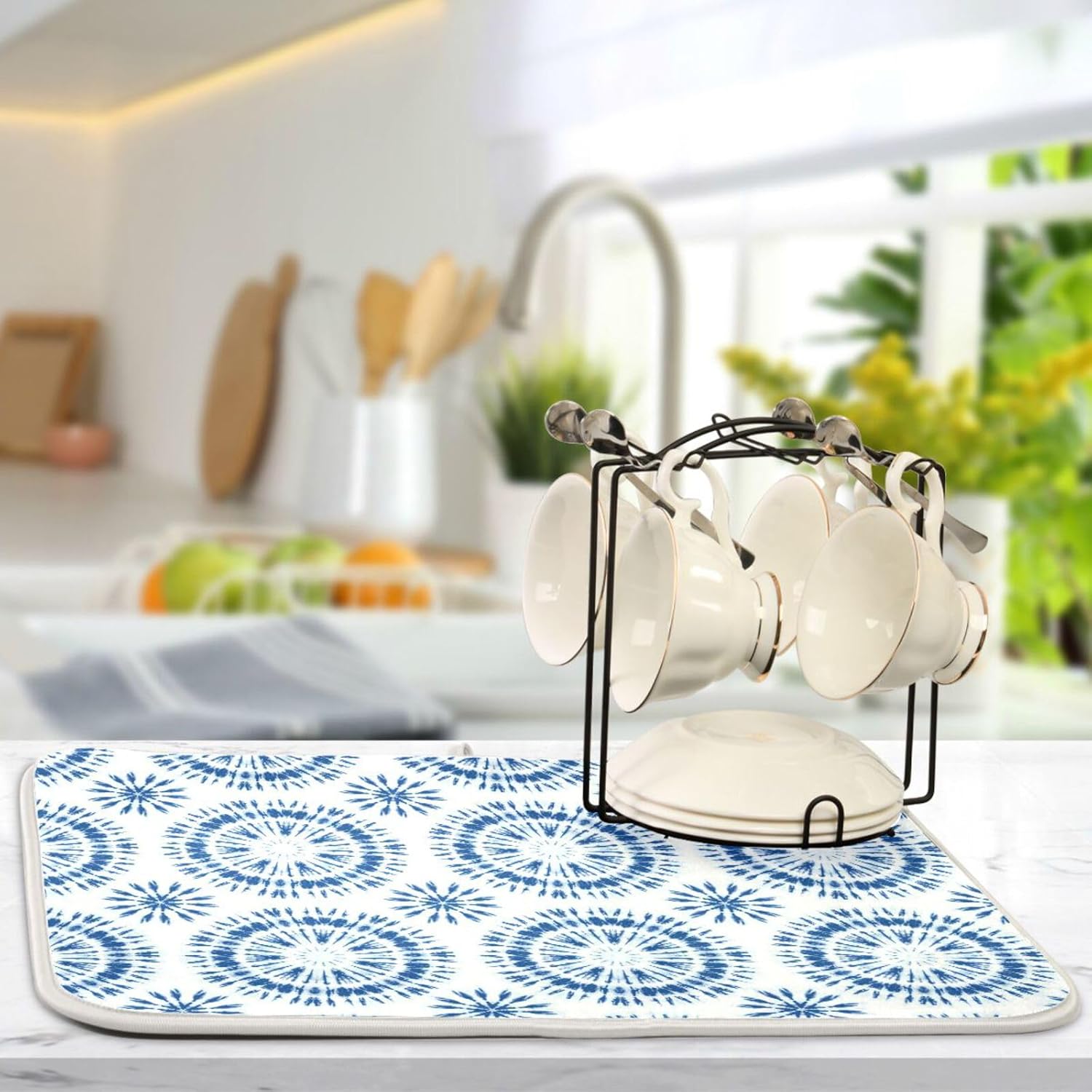 Indigo Tiedye Sunburst Dish Mat Washnable Absorbent Kitchen Counter Gadgets Dish Drainer Mats Tapete Para Cocina 16” x 18”