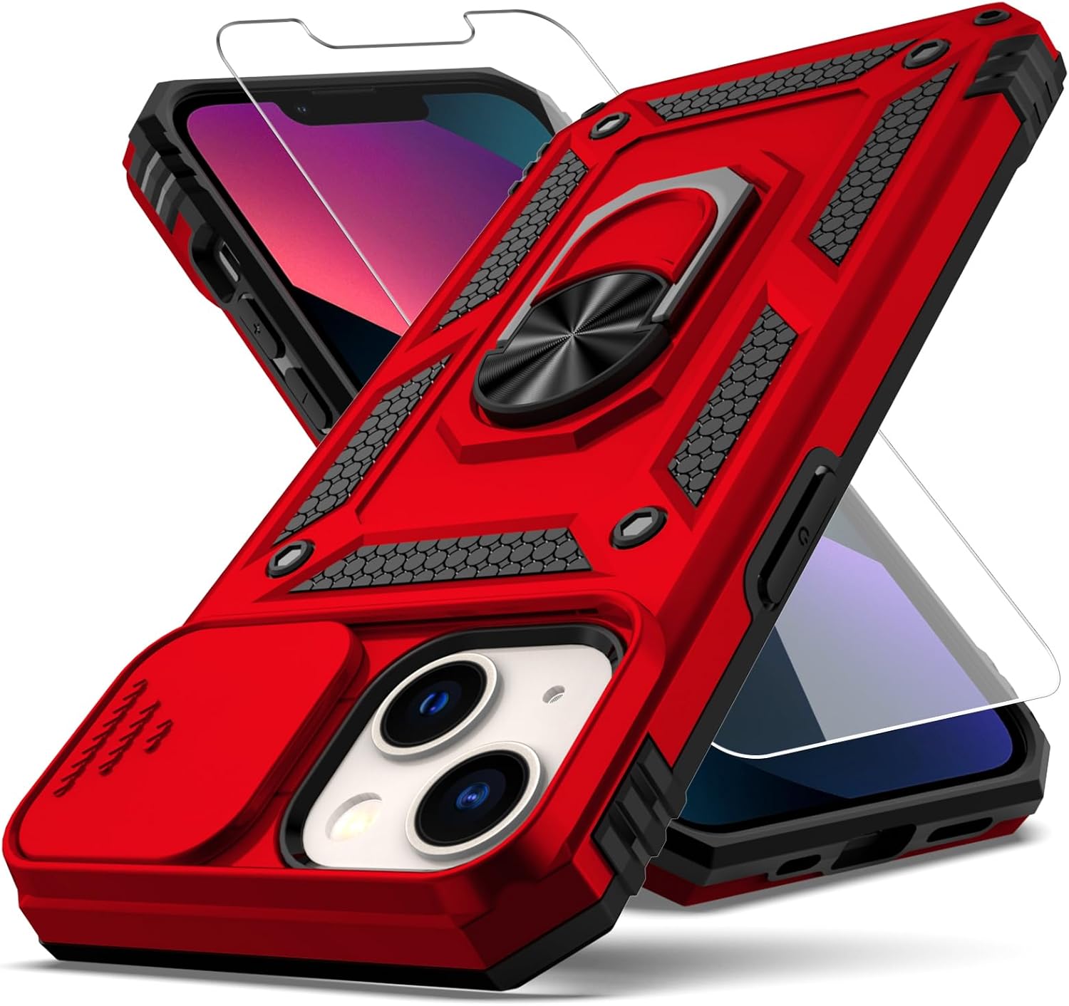 YZOK Funda para iPhone 13, con cubierta para lente de cámara, protector de pantalla HD, grado militar anillo de montaje en coche con soporte híbrido