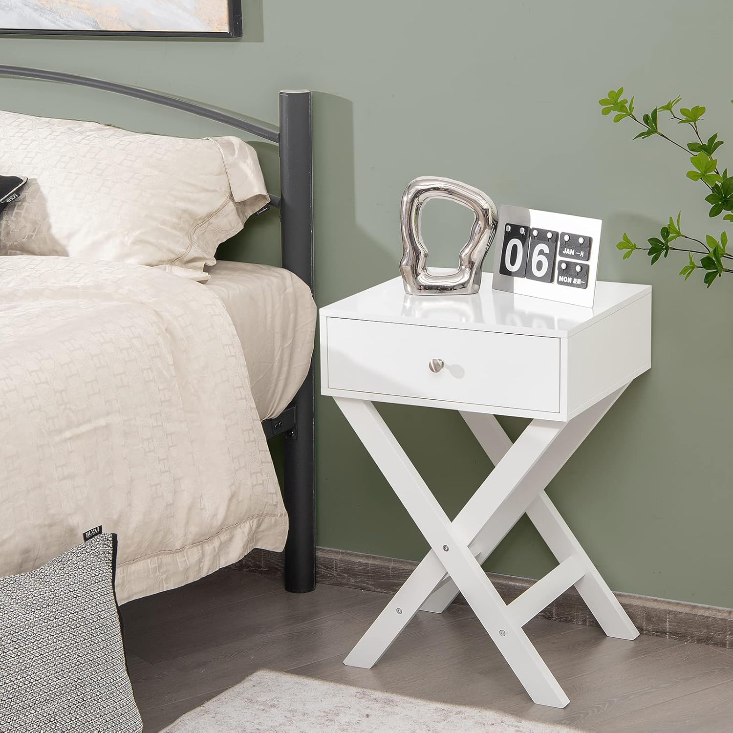 COSTWAY Mesita de noche con cajón X estructura en forma de acento sofá mesa lateral blanco