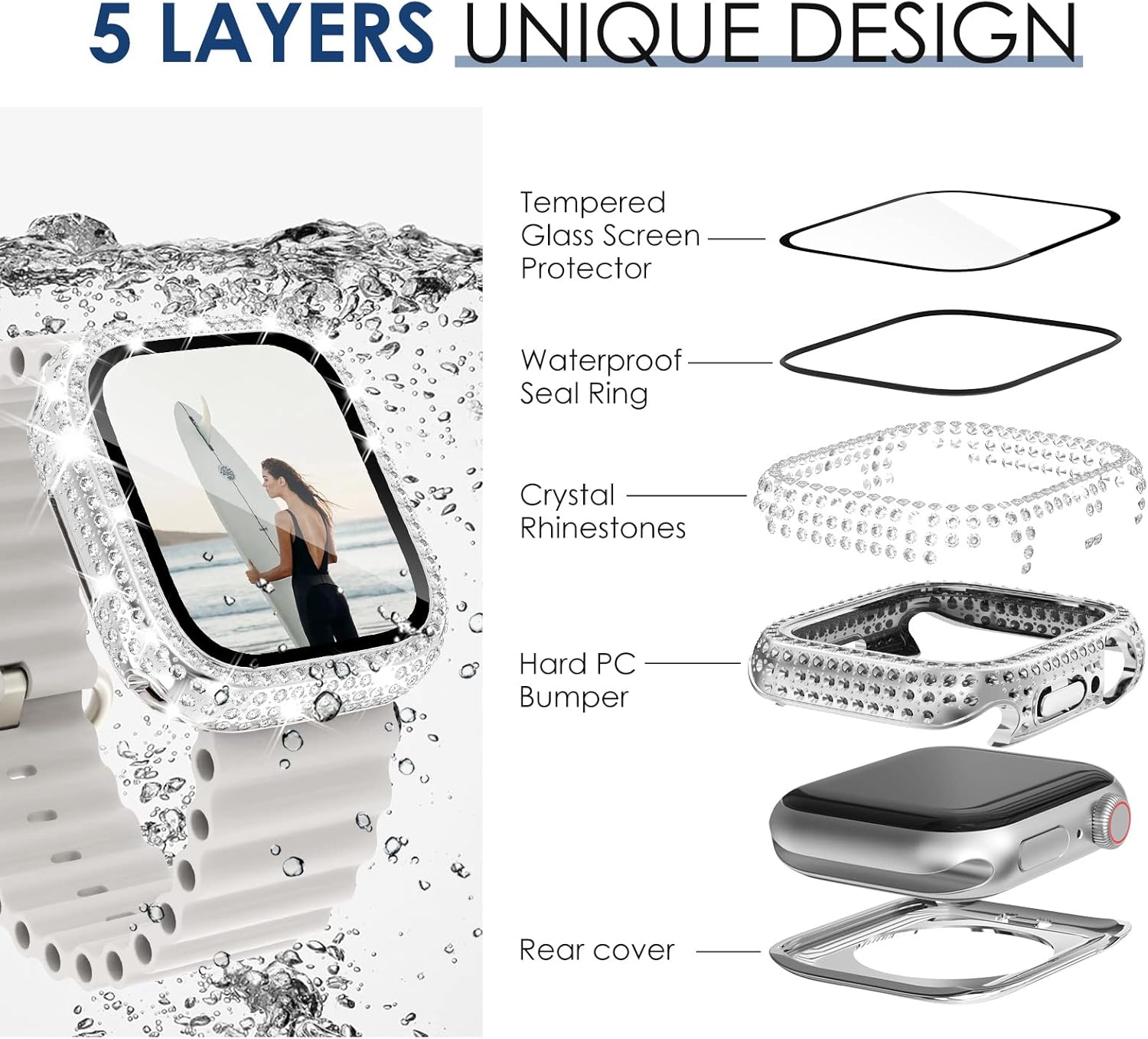 NewWays Paquete de 2 fundas impermeables 2 en 1 para Apple Watch Series 8 y Series 7 de 1.614 in, protector de pantalla con diamantes de imitación