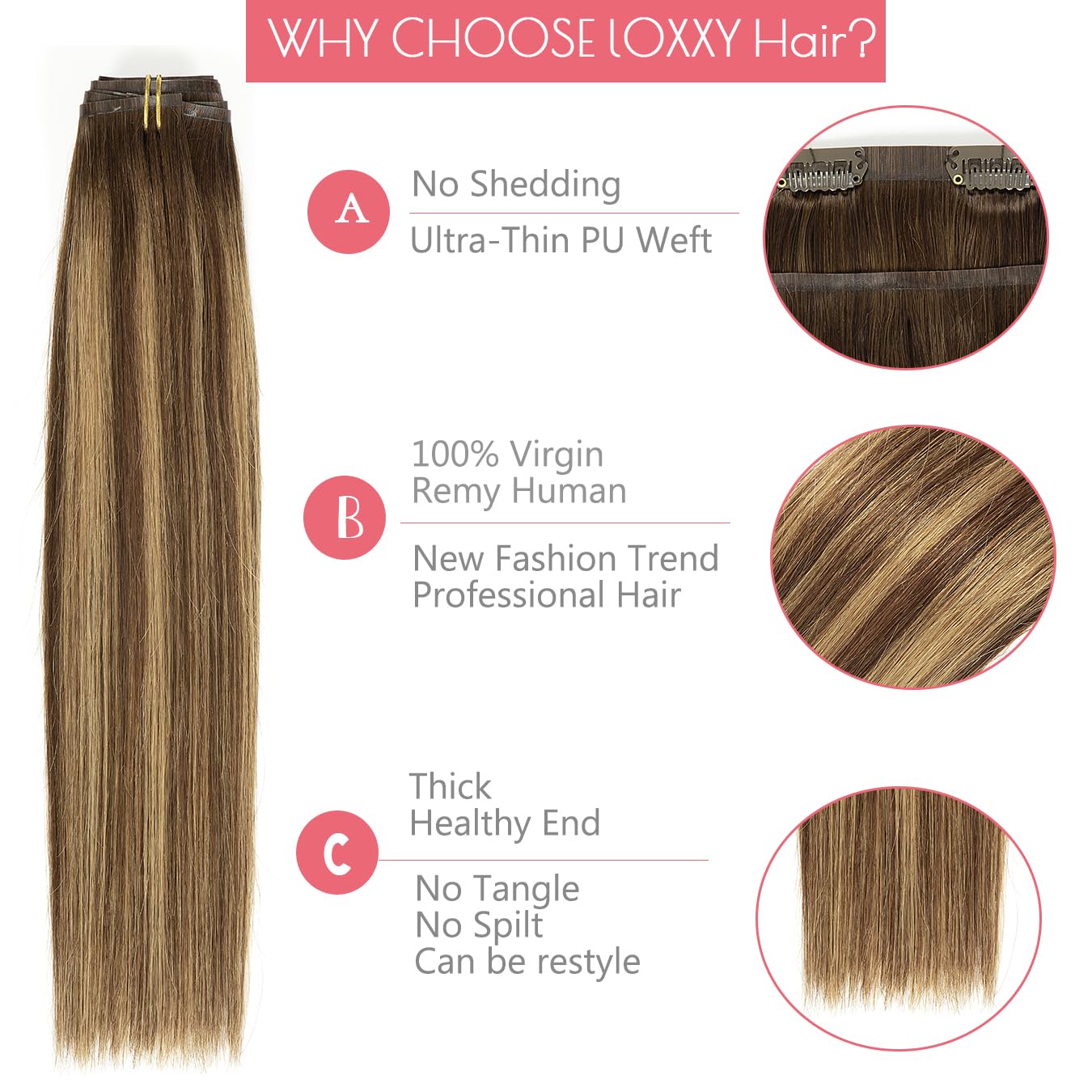 Loxxy – Extensiones de cabello humano Remy, sin costuras, con clip, color marrón chocolate mezclado con rubio caramelo, trama invisible de