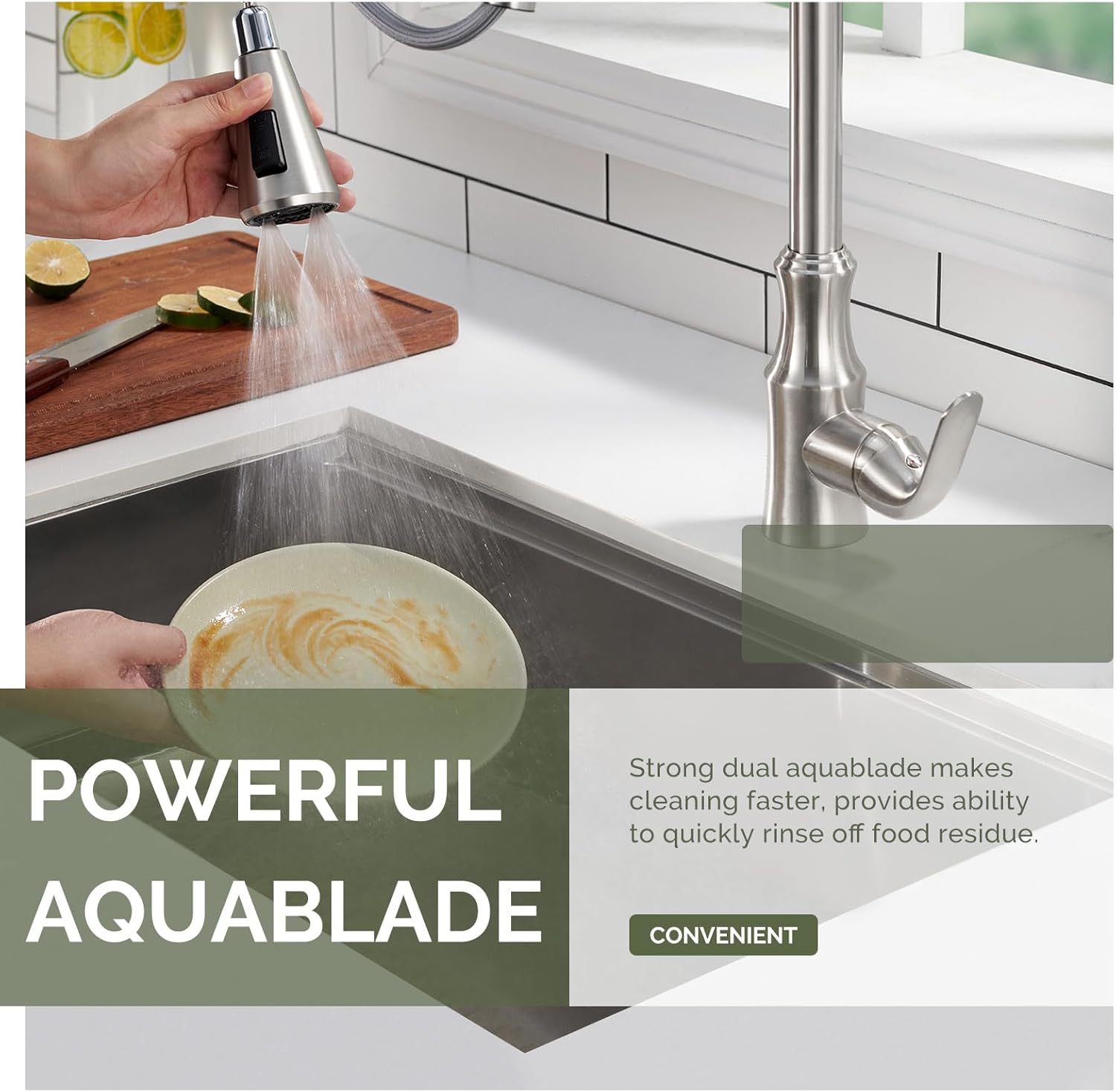 Angle Simple – Cabezal de grifo de cocina de repuesto de níquel cepillado, 3 funciones, cabezal de grifo Aquablade dual para fregadero de cocina,