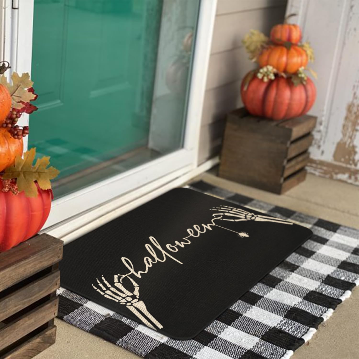 Roszwtit Tapete de puerta de Halloween de 30 x 17 pulgadas, tapete de calavera de Halloween para interiores y exteriores, tapete antideslizante de