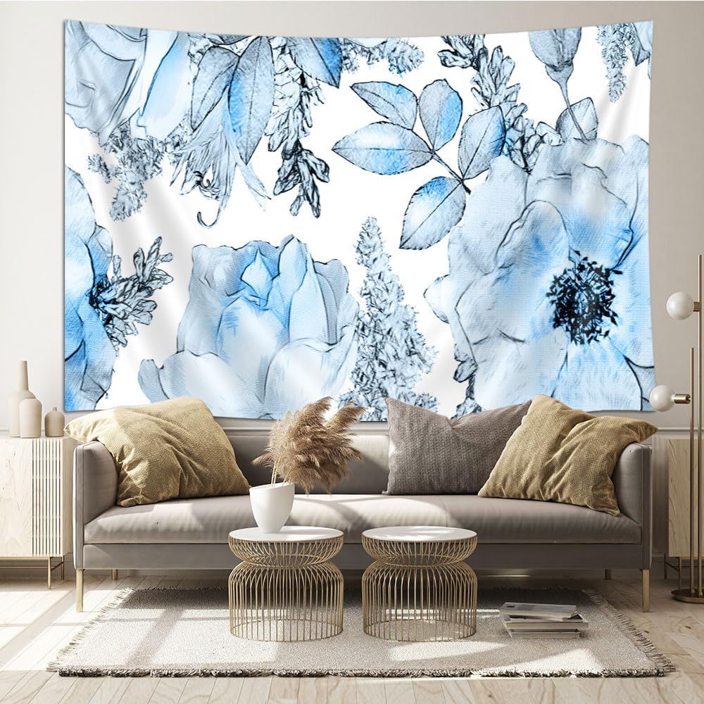 SAOLUIS Tapiz floral, tapiz de flores azules, tapiz estético floral de acuarela, tapiz floral de poliéster, para colgar en la pared para dormitorio,