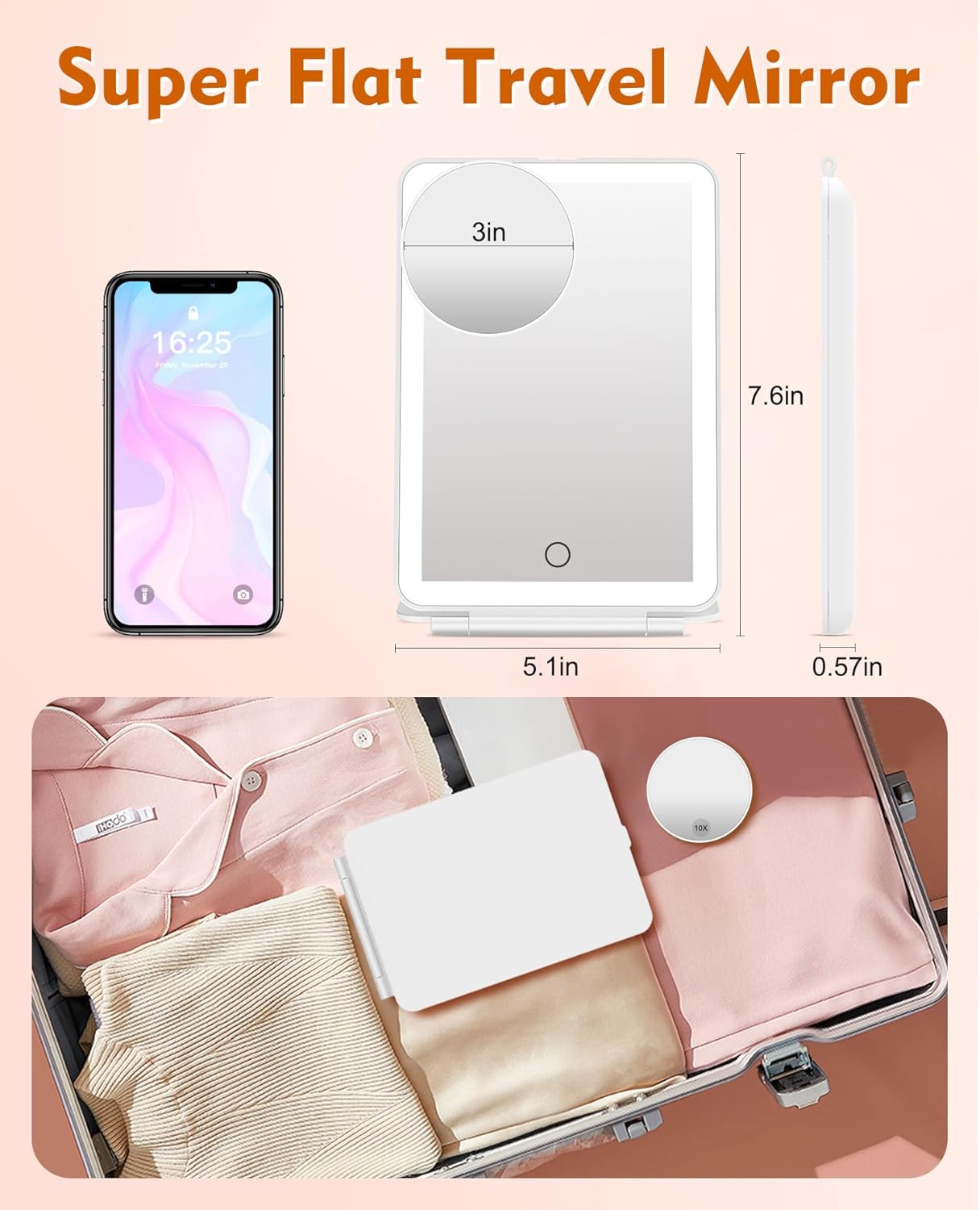 FUNTOUCH Espejo de maquillaje de viaje recargable con luces y espejo de aumento de 10X, espejo de tocador iluminado portátil con 80 LED, batería de