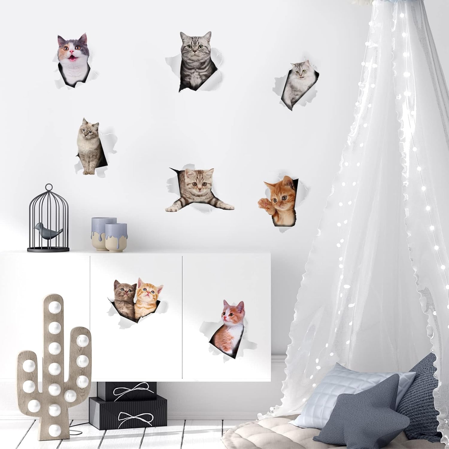 8 calcomanías de pared 3D de gatos, calcomanías de pared extraíbles de vinilo para dormitorio, sala de estar, decoración de pared divertida,