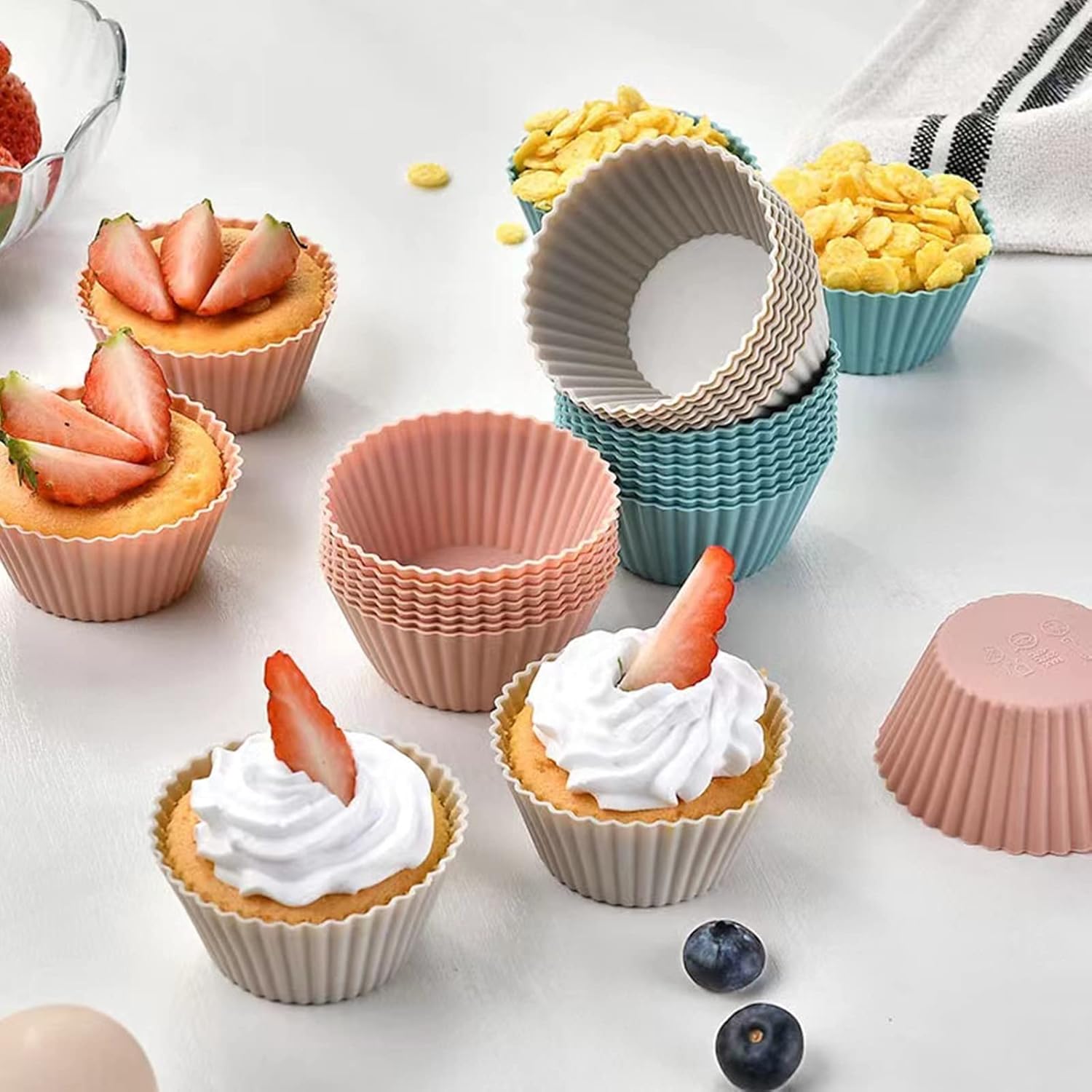 Forros de silicona para cupcakes, juego de 12 moldes de silicona antiadherentes de 2.55 pulgadas, moldes de silicona reutilizables para cupcakes