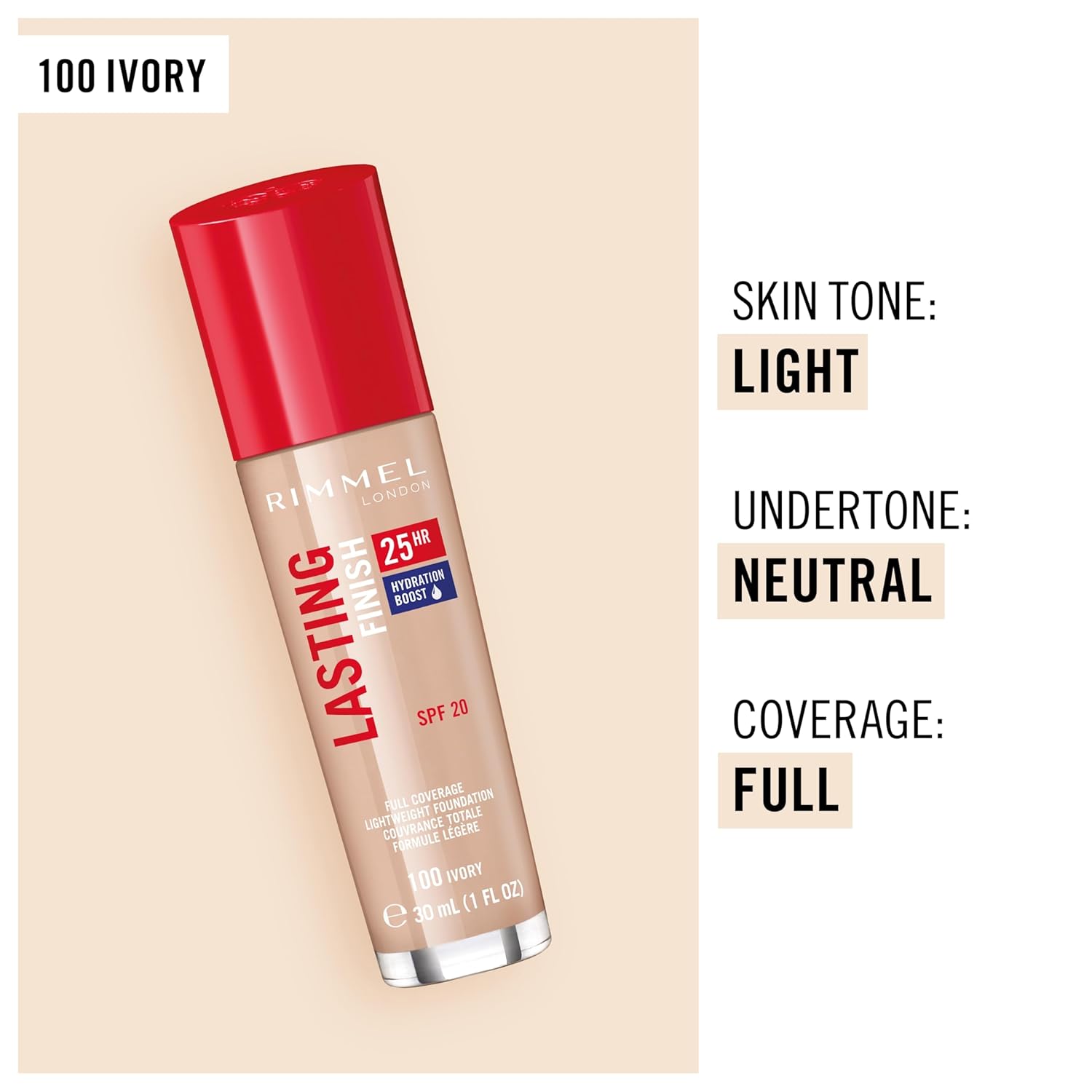 Rimmel London Lasting Finish 25HR  100 Ivory  base, 25 horas de uso, cobertura completa, impermeable, 1 onza