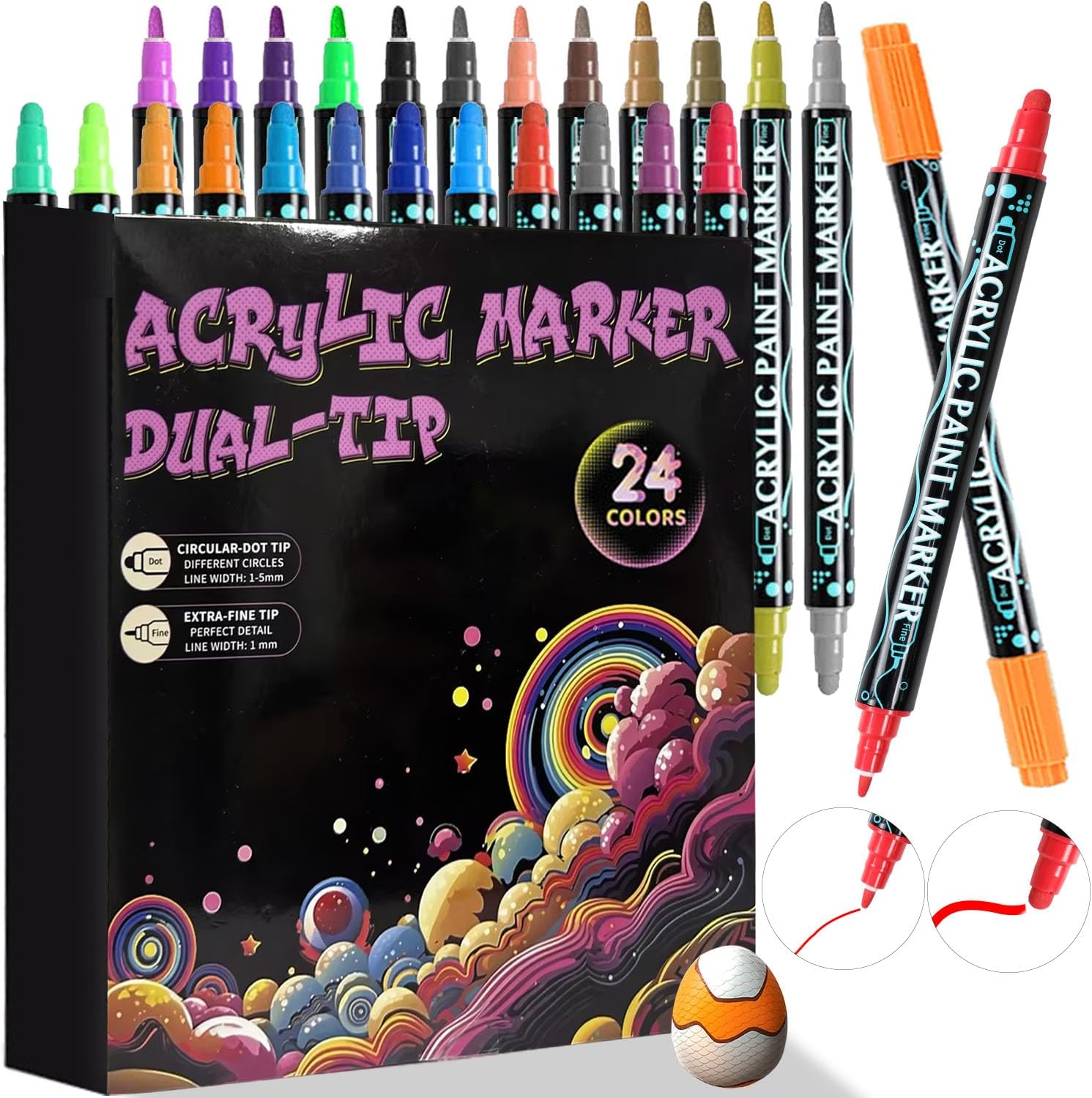HTUTWOO Marcadores acrílicos a base de agua de doble punta, 24 colores, puntas finas y anchas, lienzo, madera, vidrio, metal, tela, papel