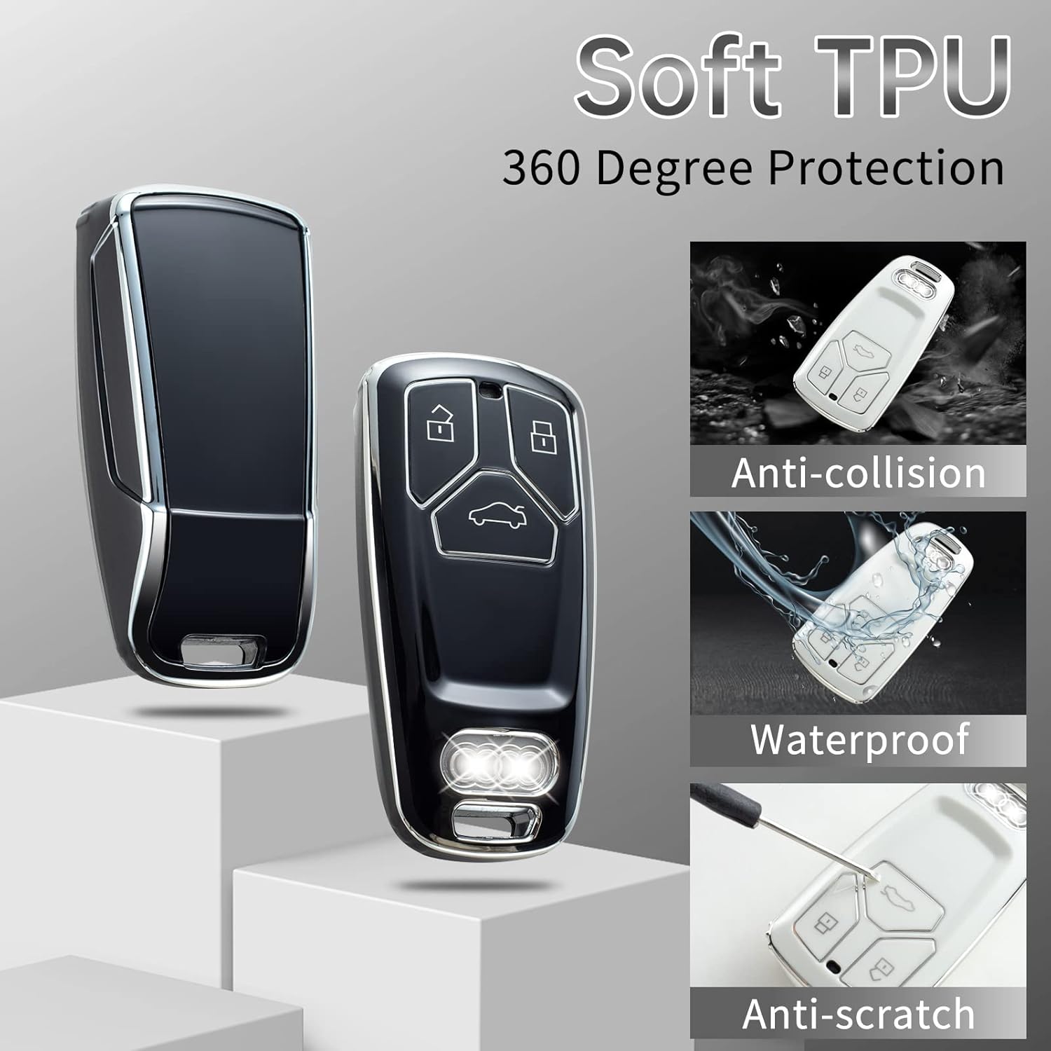 COXTOBRH Funda para llavero Audi con llavero de cristal para coche, protección para Audi A4 Q7 Q5 TT A3 A6 SQ5 R8 S5, color plateado