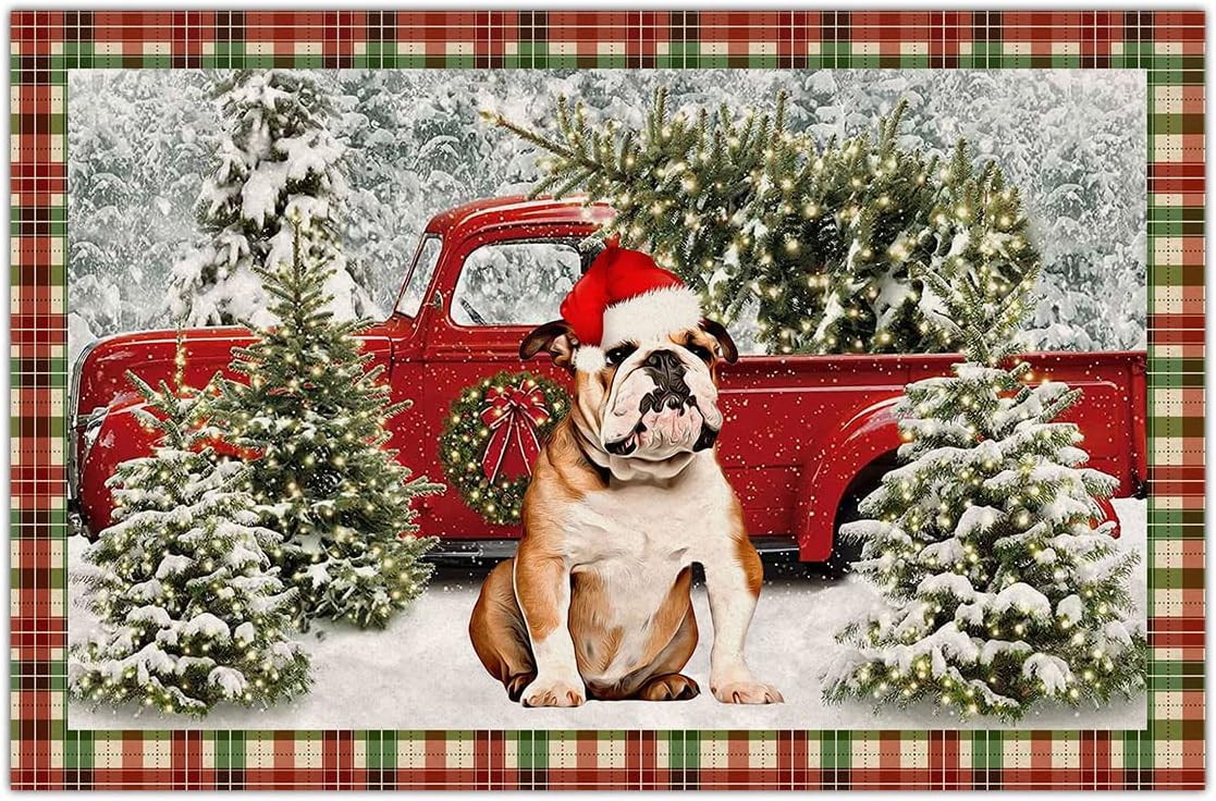 Felpudo de Navidad de bulldog inglés, regalos divertidos para amantes de perros, dueños de perros, camión rojo, árbol de Navidad, alfombra de