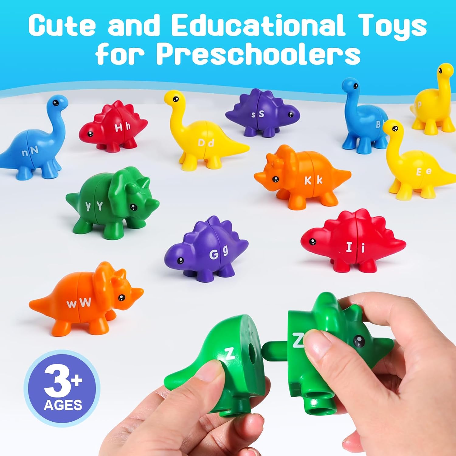 Rukkawwa Juguetes de dinosaurio con letras a juego, 26 piezas ABC para niños de 3 a 5 años, juguetes educativos de doble cara con minúscula