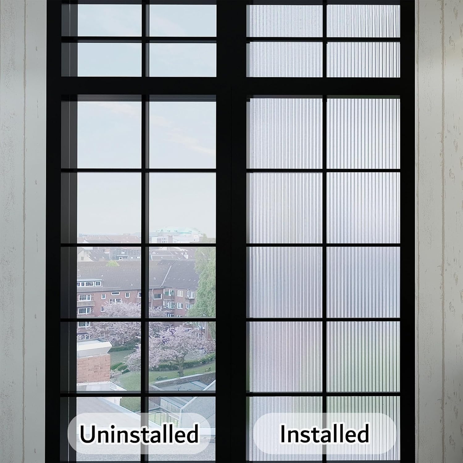 VELIMAX Película de ventana de vidrio con junco de 12 pulgada, película de privacidad para ventana, calcomanías 3D no adhesivas para baño, sala de