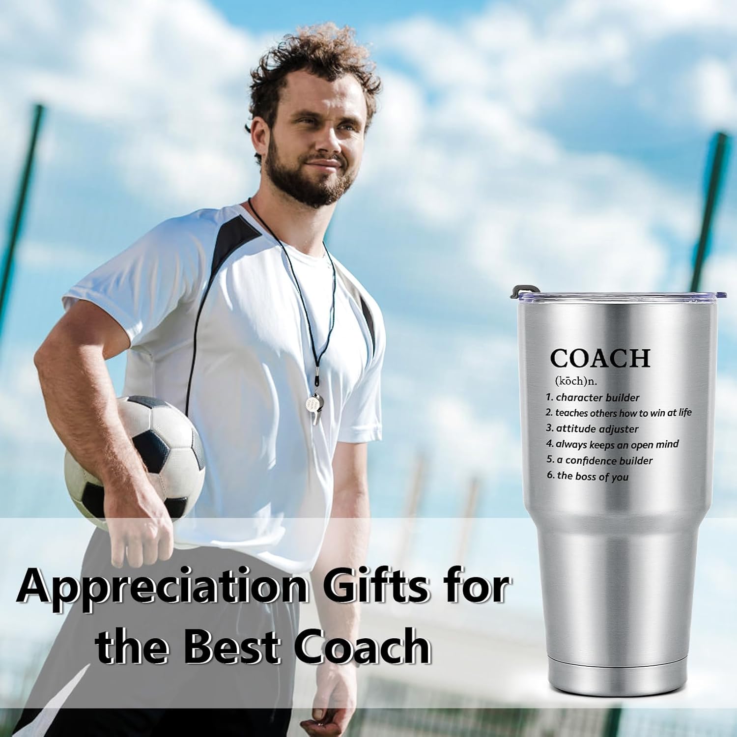Lifecapido Regalos de entrenador para hombres y mujeres, vaso de entrenador de 30 onzas con tapa, popote y silbato, regalo de agradecimiento al