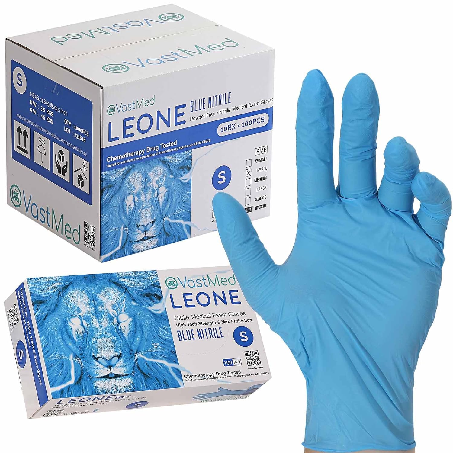 VASTMED – 100 guantes de nitrilo Leone para examen de grado dental  0.14 oz con textura de puntas de dedos, sin látex, sin polvo, guantes de grado