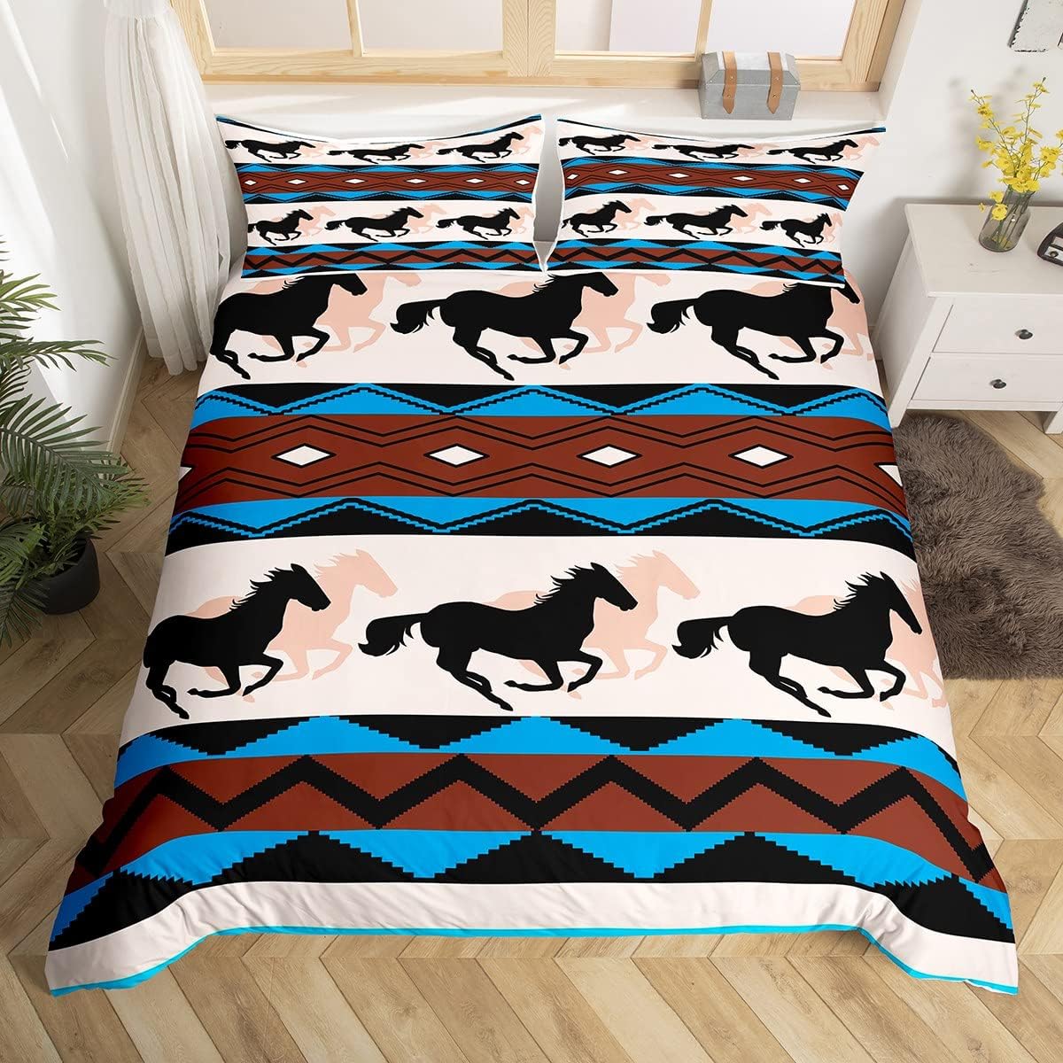 Juego de ropa de cama rústica del oeste, funda de edredón de caballo, vaquera, vaquera, azteca, nativo americano, para niños y niñas, decoración de