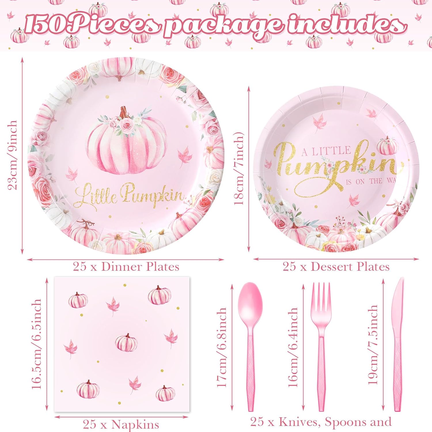 Tioncy Juego de vajilla de 150 piezas con diseño de calabaza pequeña, platos y servilletas para baby shower, color rosa, A Little Pumpkin is on The