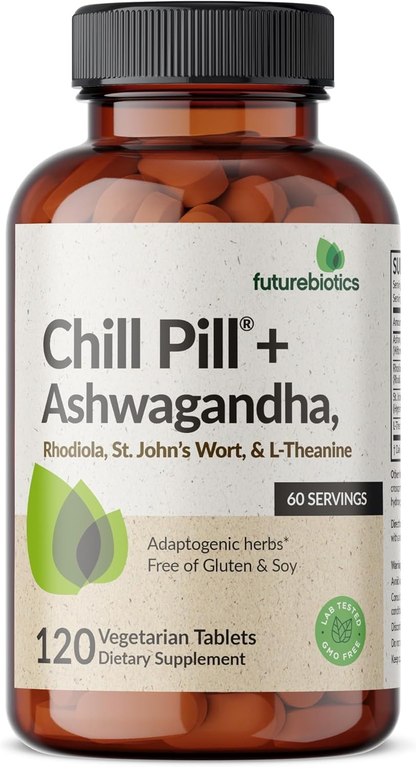 Futurebiotics Chill Pill + Ashwagandha, Rhodiola, hierba de San Juan y L-teanina de 2000 mg por porción, sin OMG, 120 tabletas vegetarianas