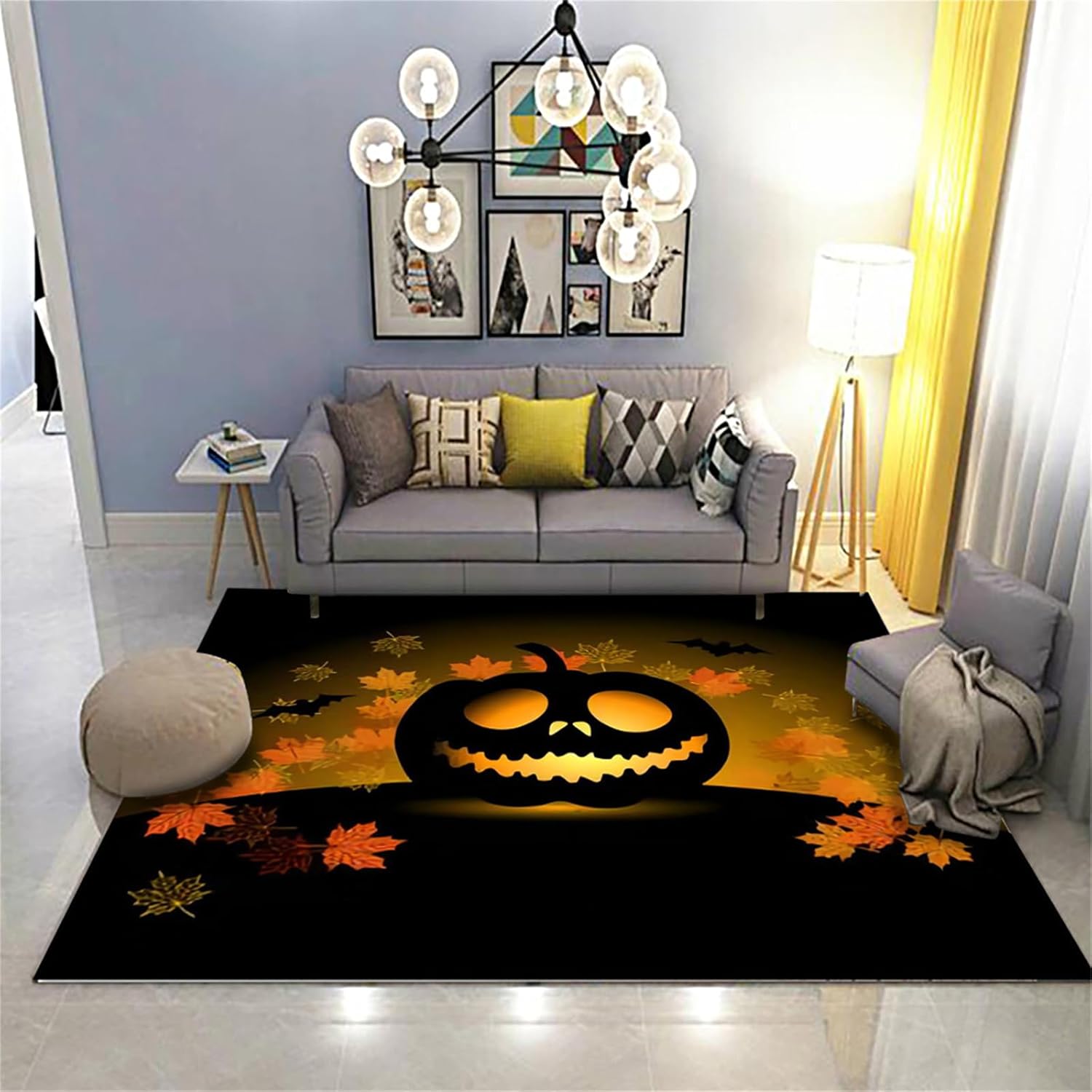 HONGXIU Alfombra temática de Halloween, de 3 x 5 pies, con diseño de hojas de murciélago y cabeza de calabaza, alfombra decorativa para habitación