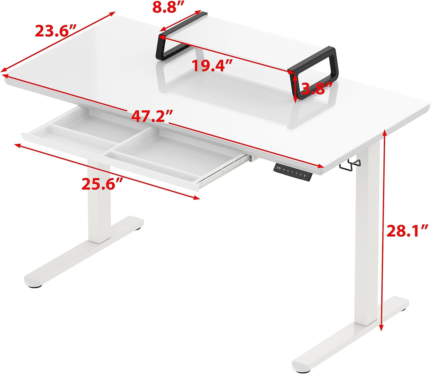 SHW  48 pulgadas  Escritorio eléctrico de altura ajustable de vidrio de una pieza completa  Elevador de monitor y cajón incluidos  Blanco