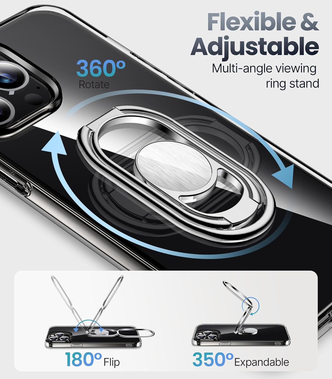 Shields Up Funda para iPhone 15 Pro Max con soporte, funda transparente con soporte de doble anillo ajustable y plegable a prueba de golpes para