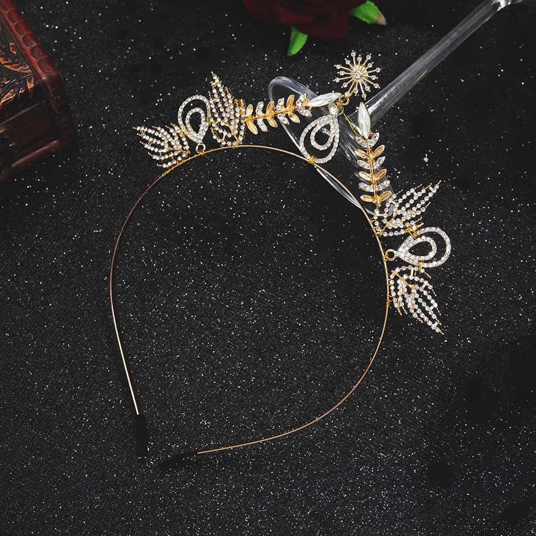 Formery Diadema de corona de diamantes de imitación de hojas doradas con forma de gota de agua, diosa, diadema para boda, fiesta, graduación, hojas