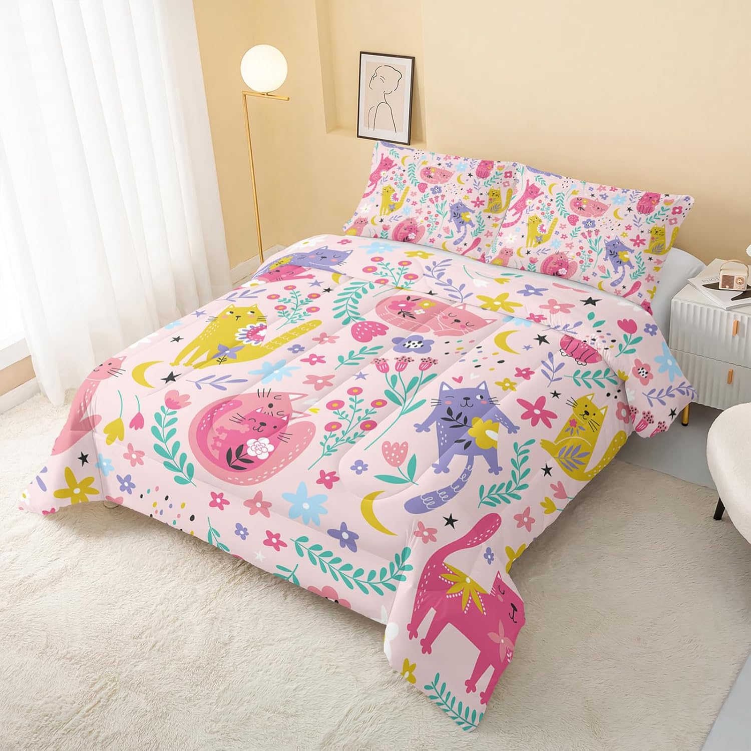 QOOMO Juego de edredón floral de gato tamaño Queen, juego de edredón de gato rosa para niños, adolescentes y niñas, juego de ropa de cama de 3