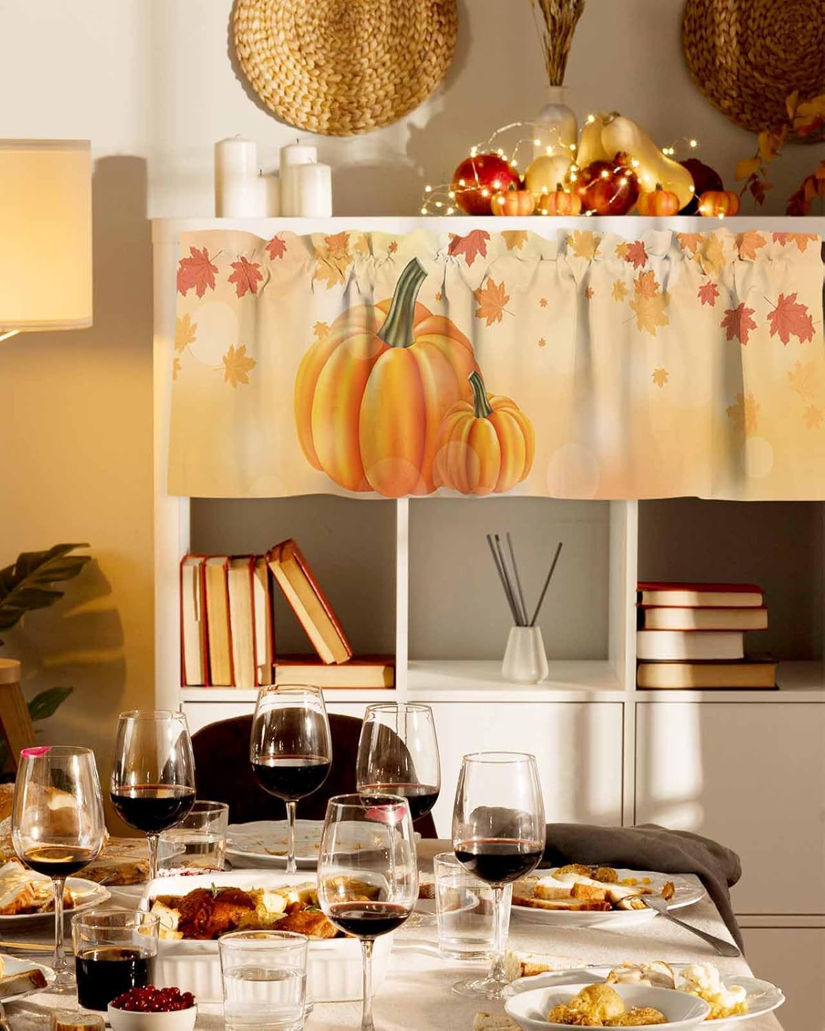 Cenefas de cortina de calabaza de otoño para ventanas, hojas de arce de Acción de Gracias, cenefa con bolsillo para barra, cortinas de ventana