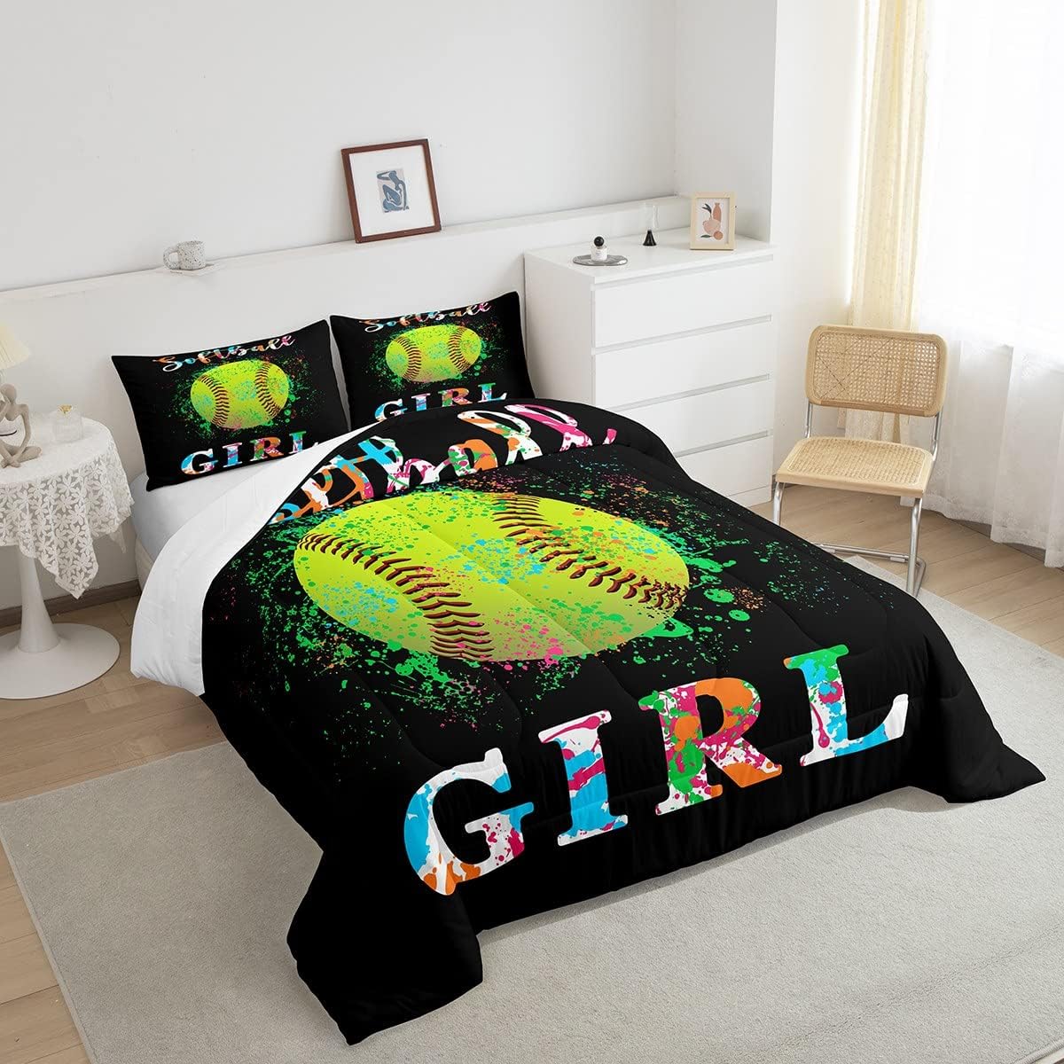 Juego de edredón de sóftbol para niños, tamaño matrimonial, juego de ropa de cama con temática deportiva para niños, niñas, adolescentes, decoración