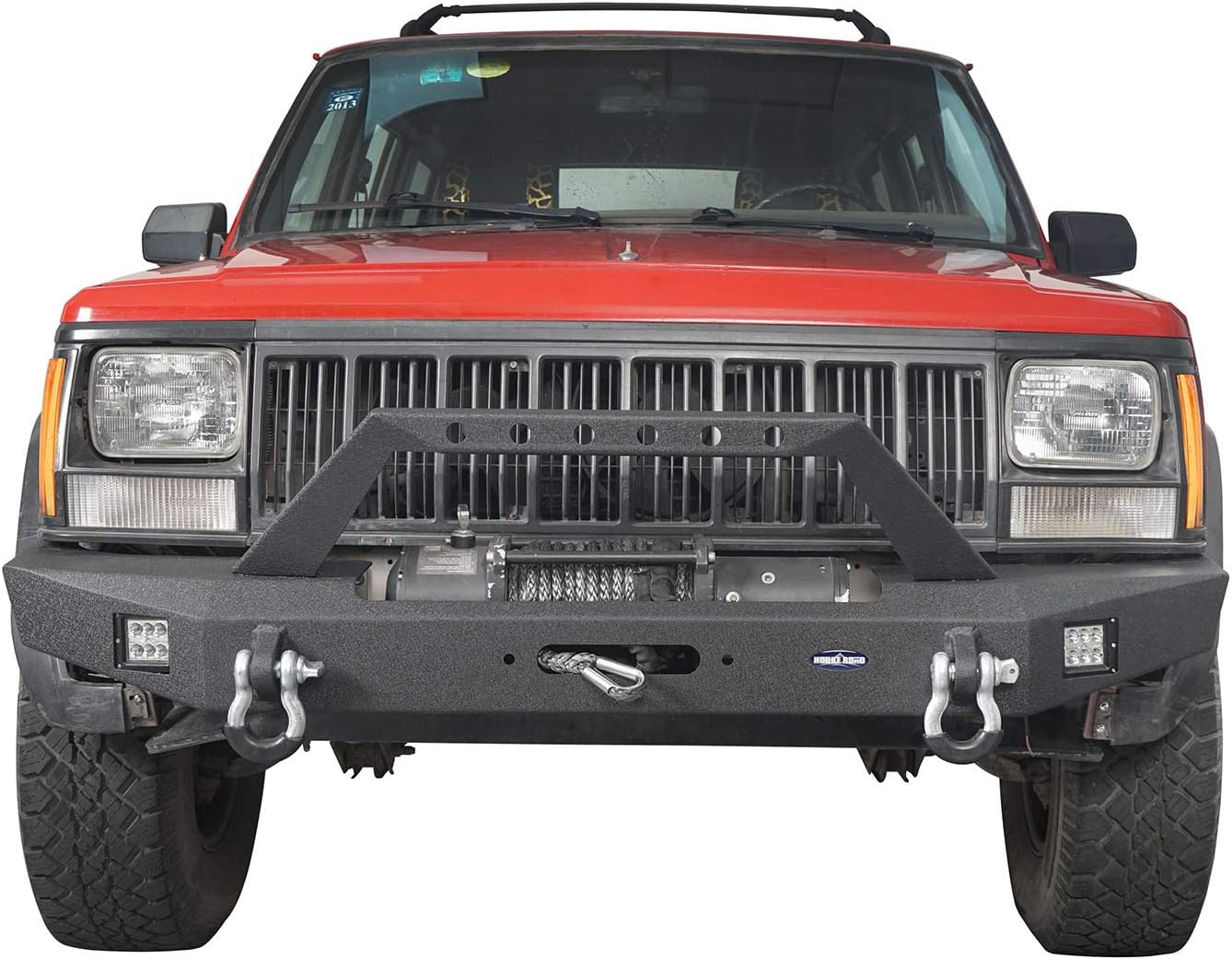 Hooke Road Parachoques delantero de acero para Jeep XJ con placa de cabrestante compatible con Jeep Cherokee XJ 1984-2001