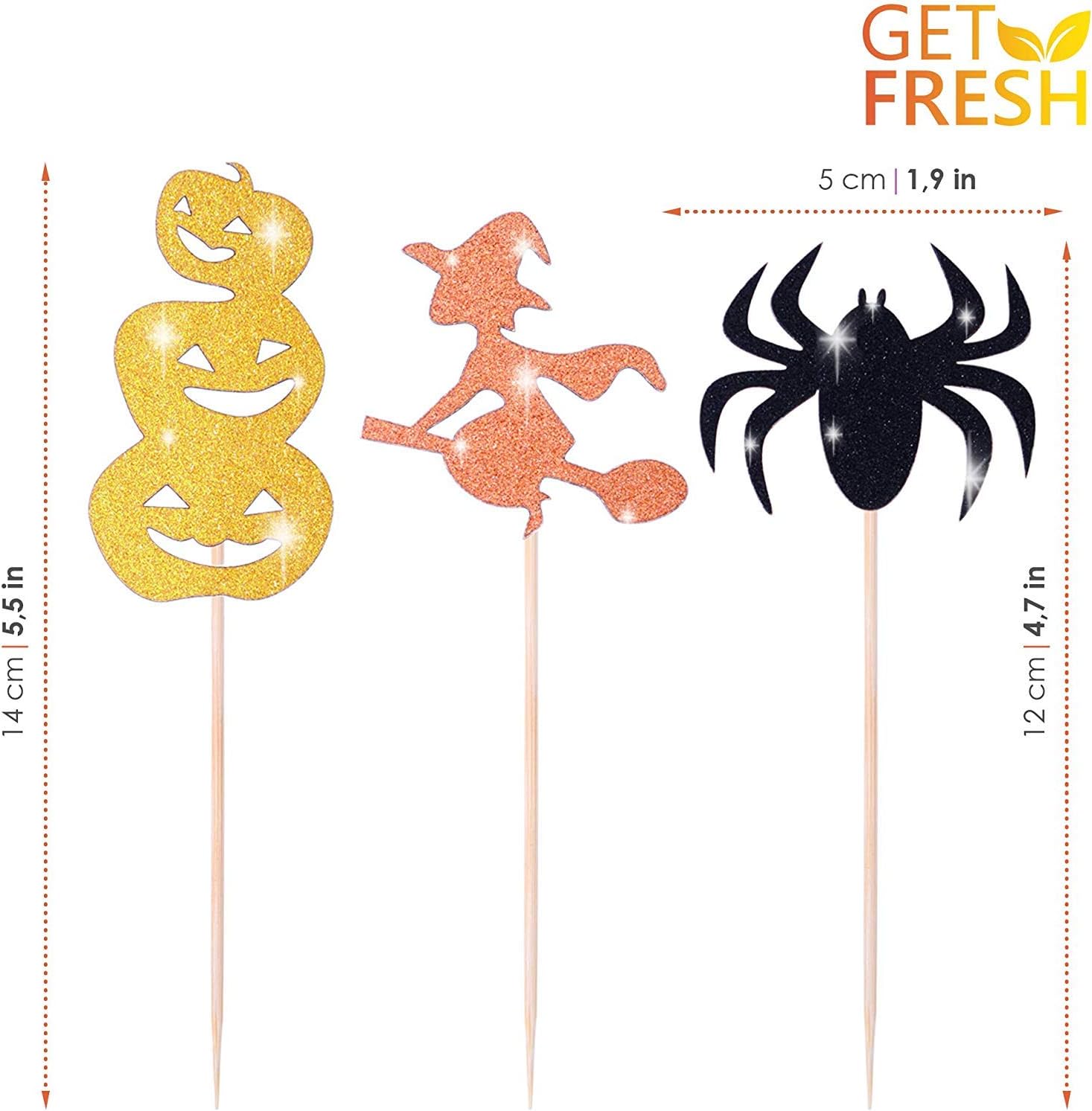 Juego de adornos para cupcakes de Halloween, juego de 28 piezas brillantes, estrella fantasma de bruja murciélago, decoración de palillos de comida