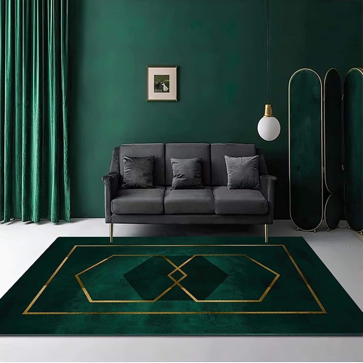 Alfombra de lujo con geometría verde esmeralda, hilo dorado de lujo ligero, antideslizante, de fácil cuidado, alfombra transpirable y duradera para