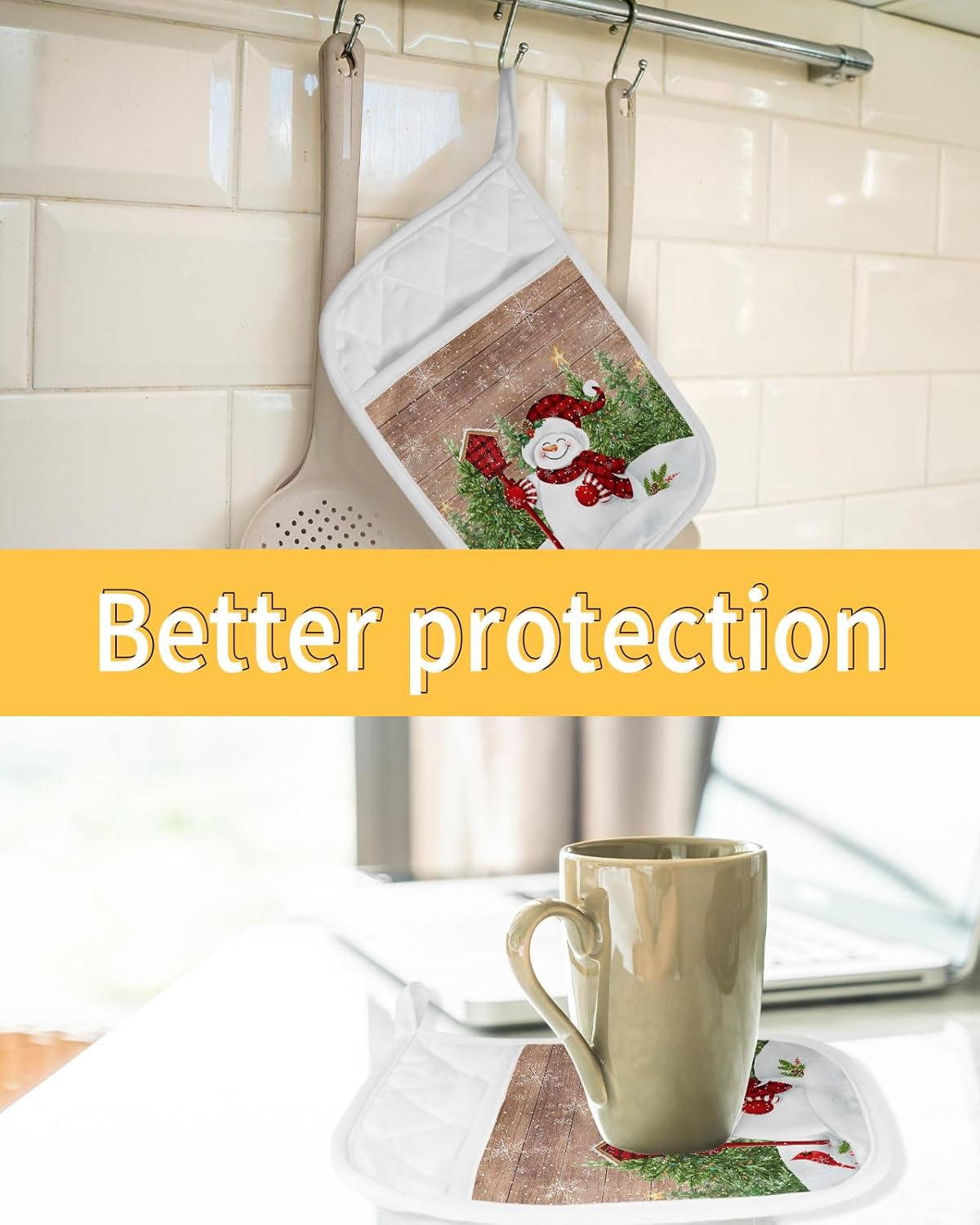 Farmhouse Snowman 2Pcs Pot Holders for Kitchen,Non Slip & Heat Insulation Terry Cloth Potholder Set with Pocket,Thick Hot Pad Oven Mitts Trivet