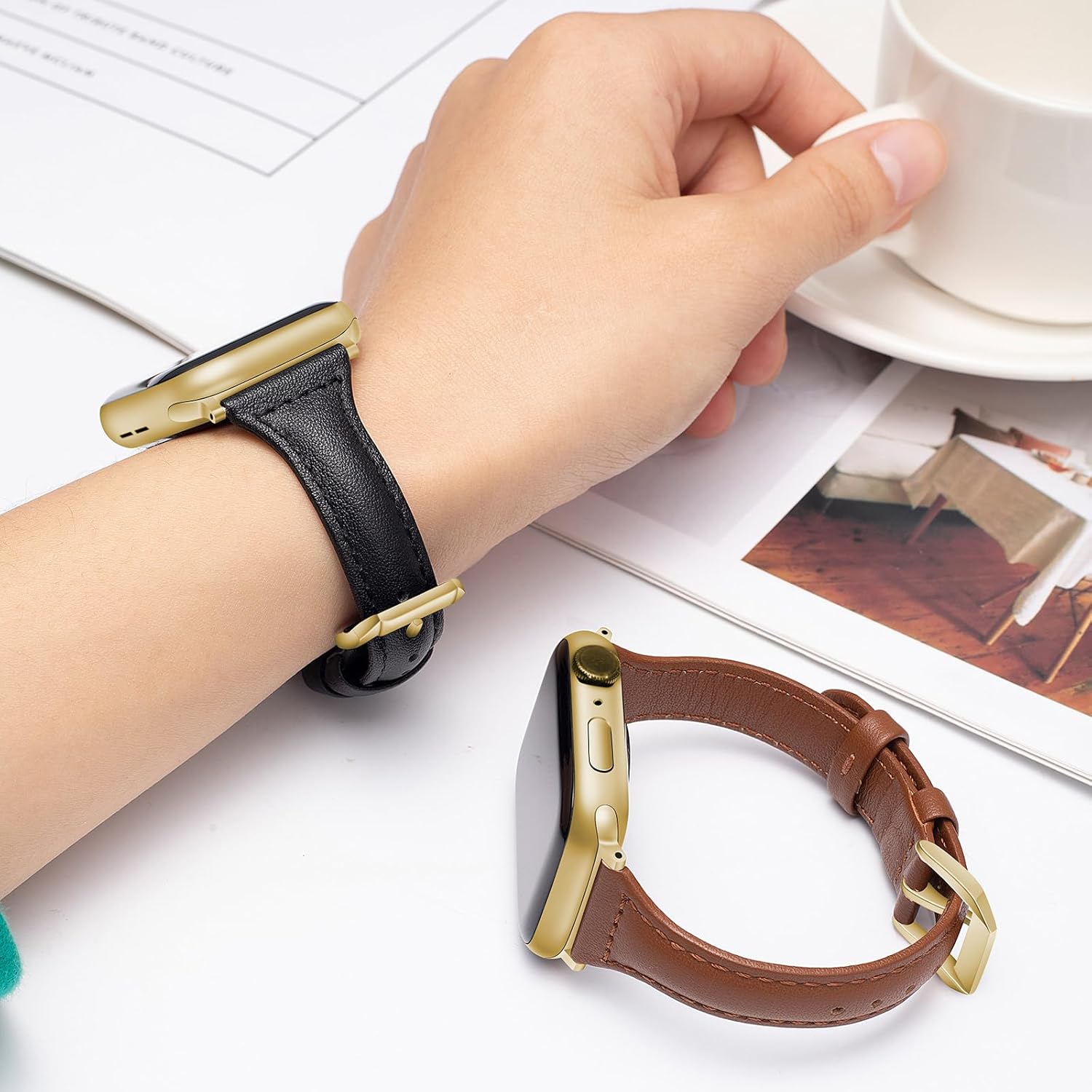 Paquete de 2 correas delgadas de cuero genuino compatibles con Apple Watch Band de 1.496 pulgadas, 1.575 pulgadas, 1.614 pulgadas, 1.654 pulgadas,