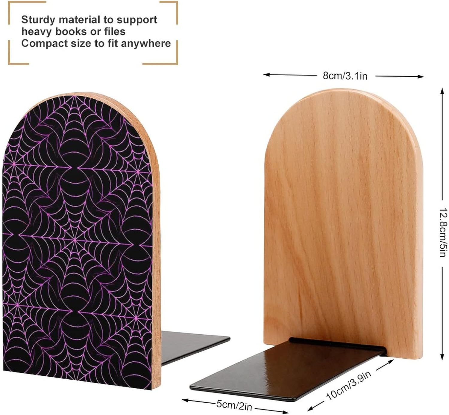 Sujetalibros de madera con diseño de telaraña morada, 1 par para estantes, soporte pesado para libros, 5 x 3 pulgadas