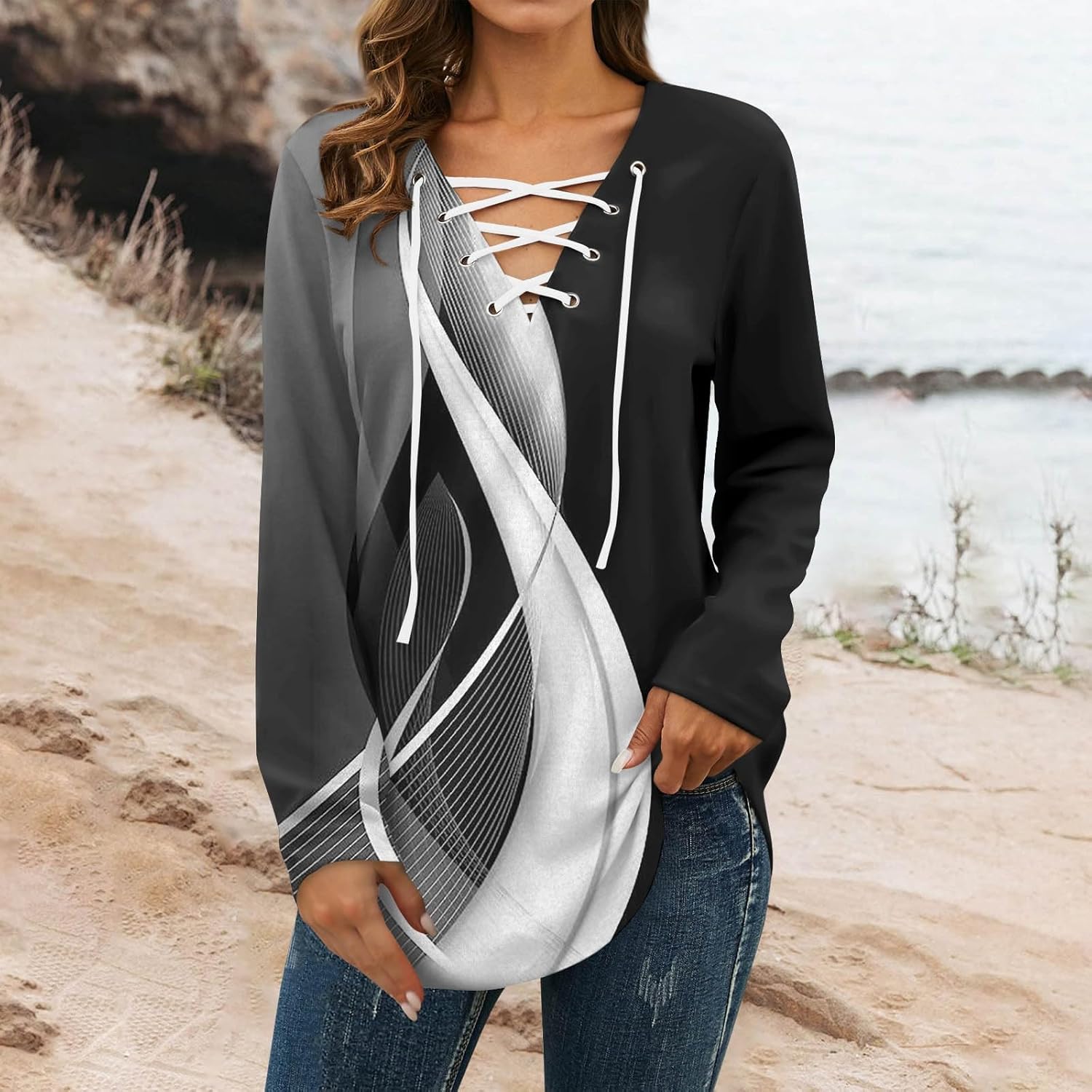 GOFULY Blusas de manga larga para mujer, color sólido, con tirantes, ajuste holgado, cuello en V, manga larga, sudadera de invierno