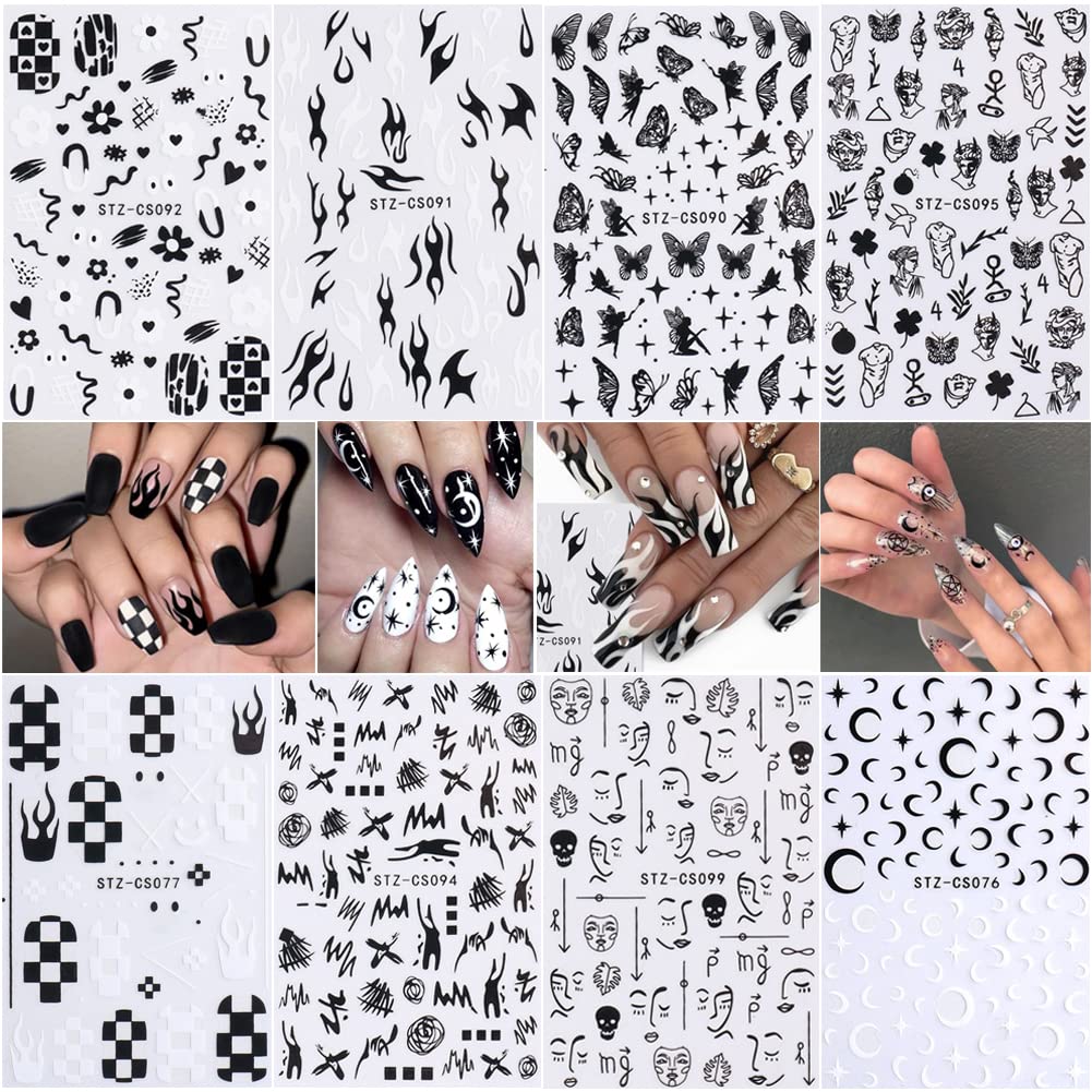 8 hojas de calcomanías divertidas de grafiti, suministros de uñas, calcomanías de uñas autoadhesivas 3D, estrellas, luna, mariposa, rejilla, llama,
