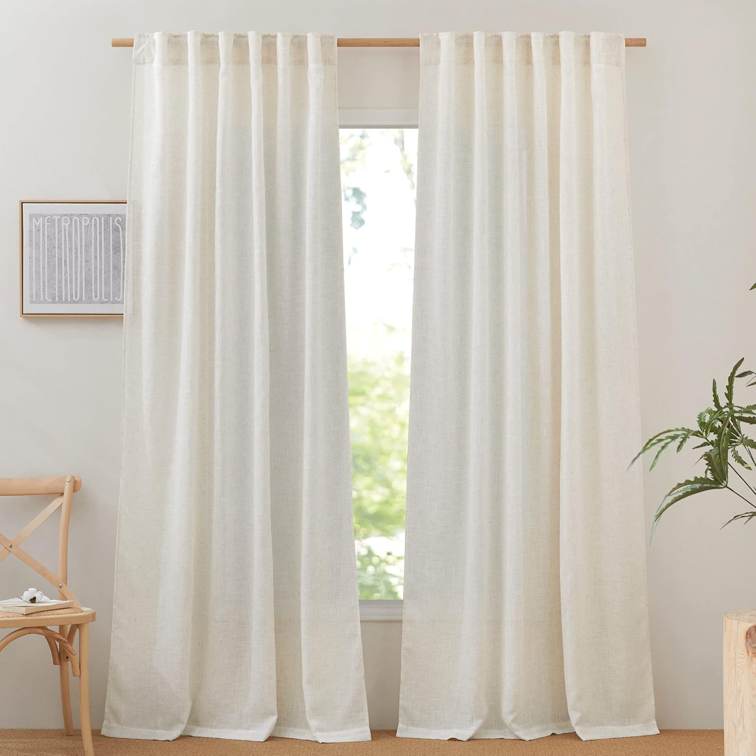 NICETOWN Cortinas de arpillera de lino de 135 pulgadas de largo, 2 paneles, bolsillo para barra y pestaña trasera, mezcla de lino natural,