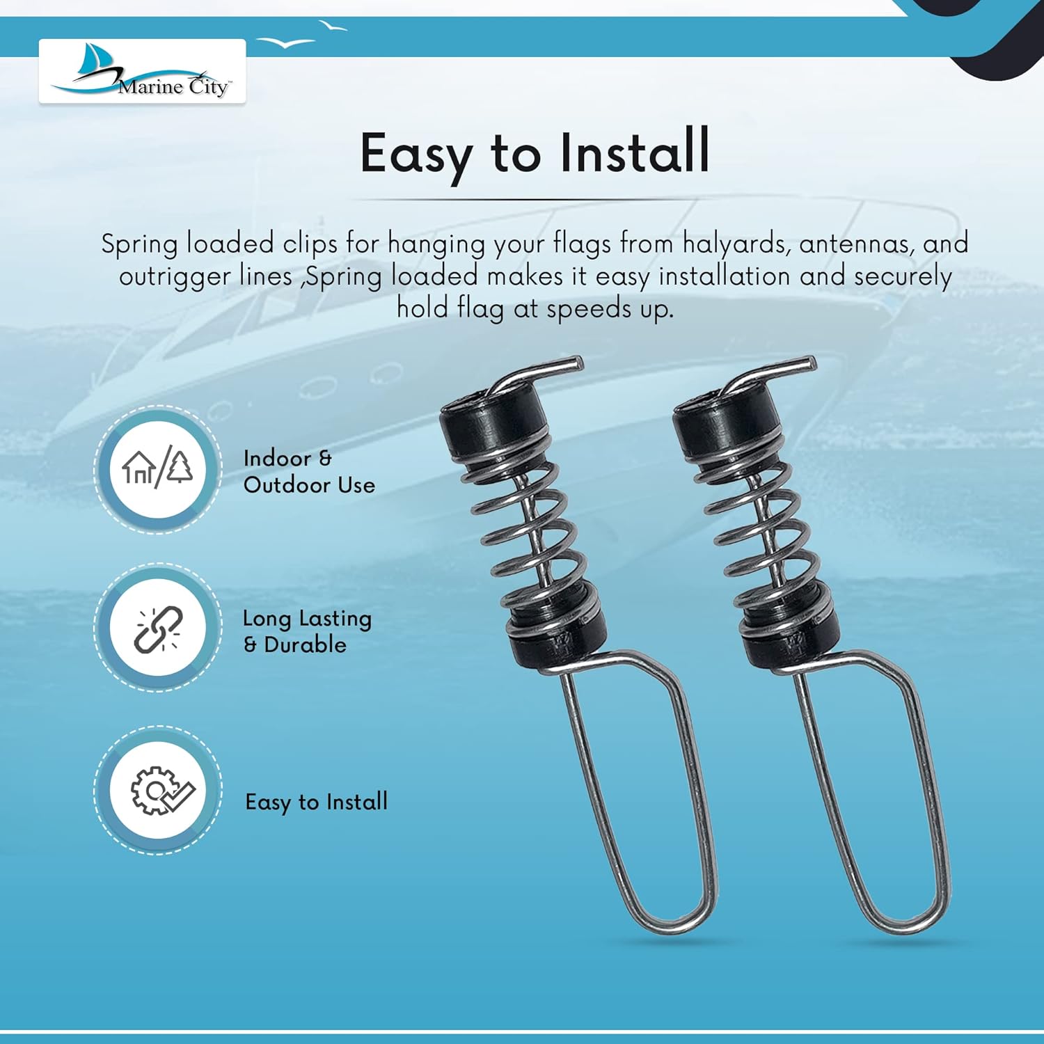 MARINE CITY 304 – Antena de lujo de acero inoxidable para Halyarda y Outrigger para bandera de pesca, luces de popa con cuerda de resorte para