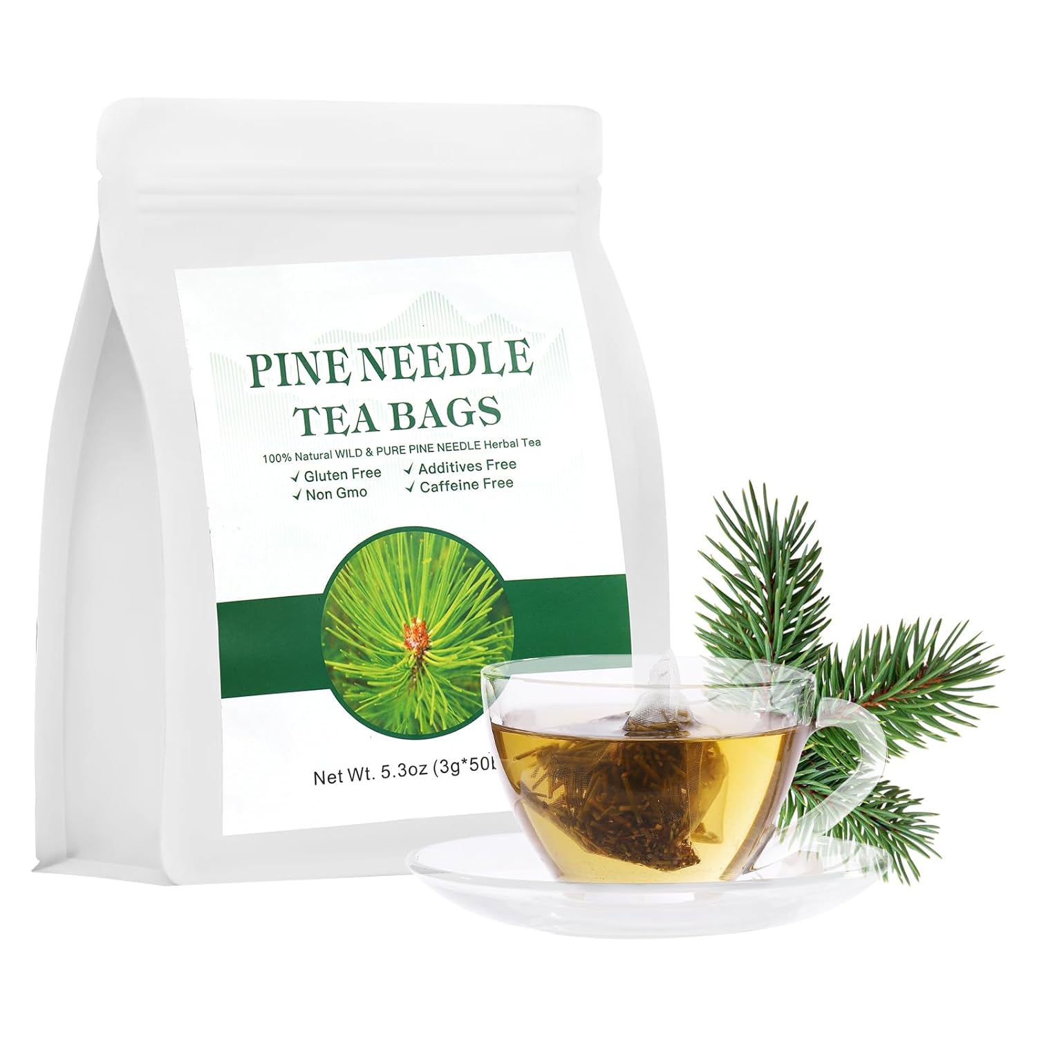 Bolsas de té orgánicas de aguja de pino  5.3 onzas (0.11 oz x 50 bolsas)  Té de hierbas 100% natural de aguja de pino salvaje y puro, sin gluten,