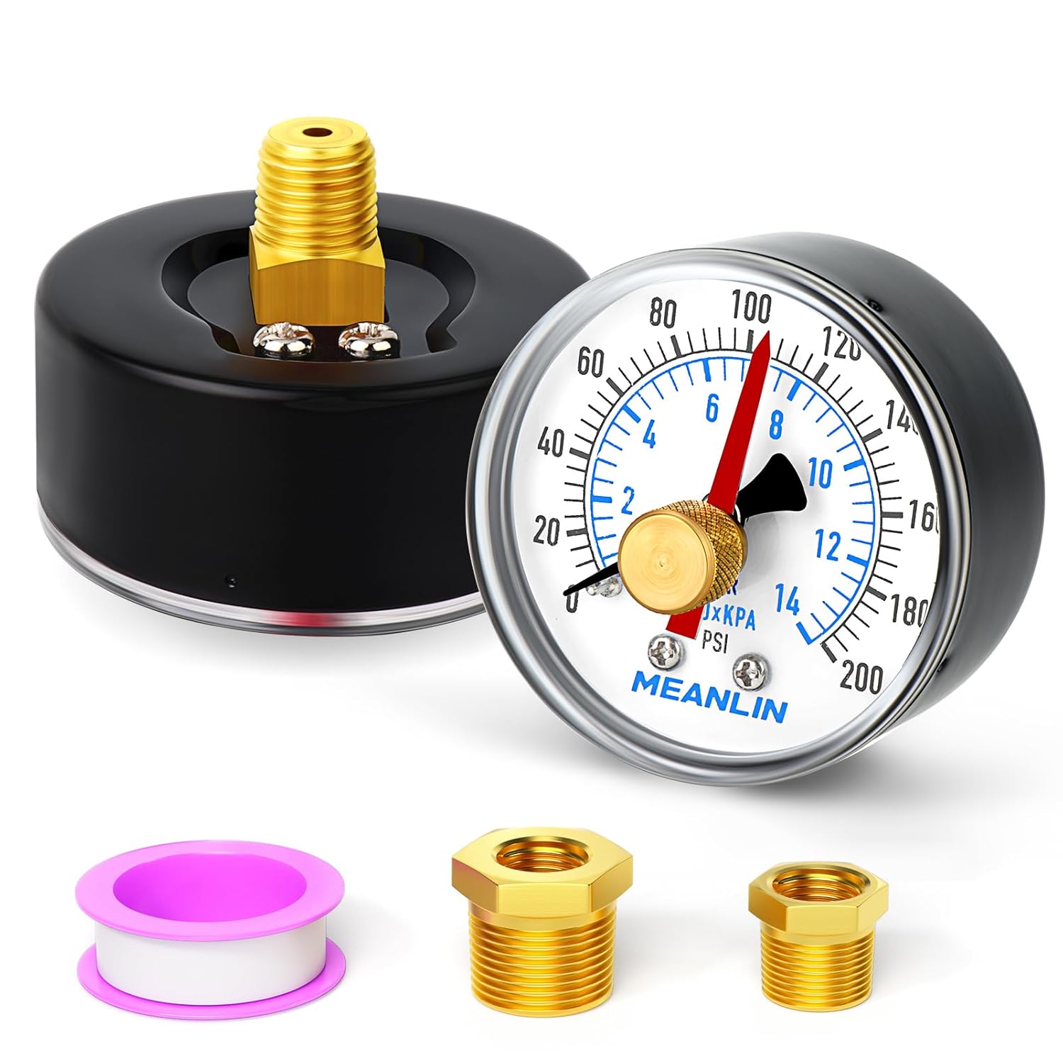 MEANLIN MEASURE Manómetro de bomba de pozo NPT de 0-200 Psi con cara de dial de 2 pulgadas y adaptador NPT de 12 pulgadas y adaptador NPT de 38