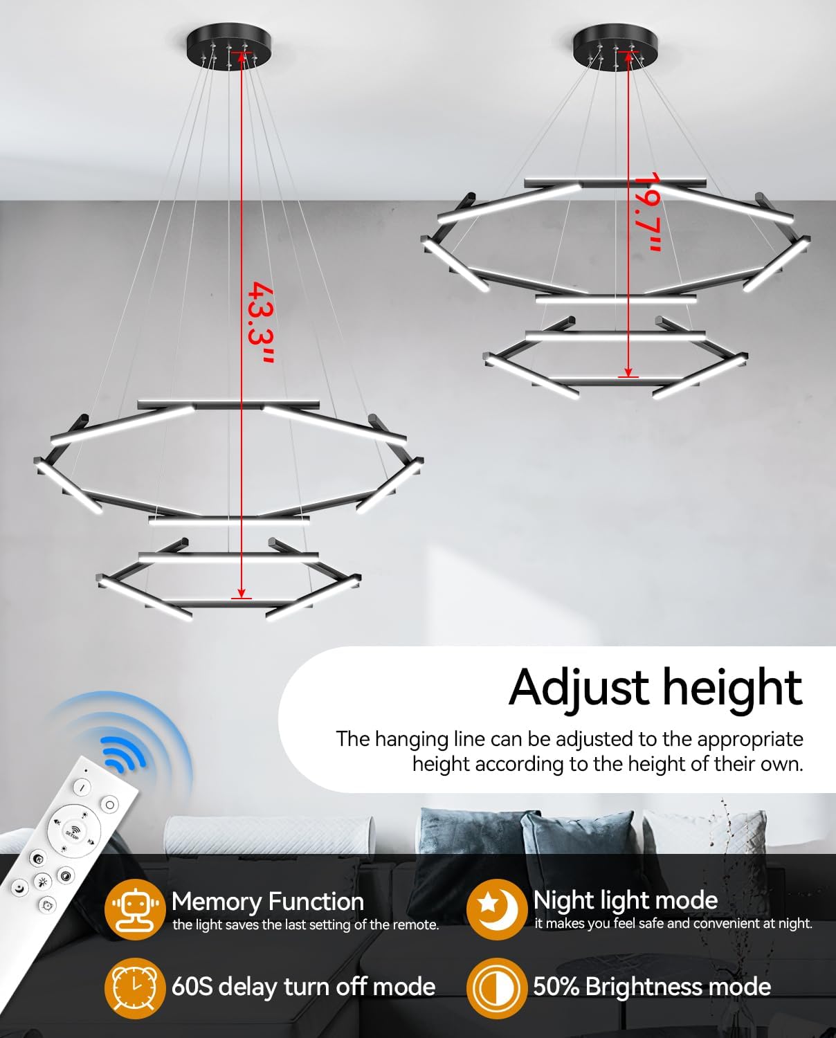 JFHTNFJ Candelabro LED moderno de 38.2 pulgadas, lámpara de araña regulable de 2 anillos con control remoto, 16 luces colgantes para cocina, isla,