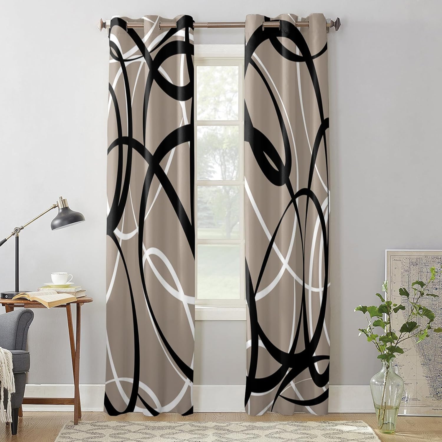 Libaoge Curtains Panels for Kitchen Brown Black White Modern Abstract Art Lines Window Curtains Light Filtering Grommet Top Drapes for Bedroom