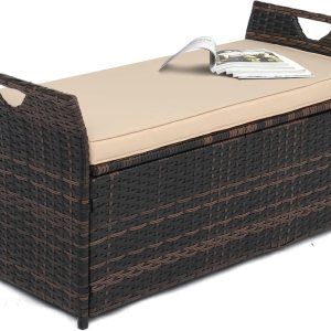 VINGLI Banco de almacenamiento al aire libre de 40 galones con cojín, caja de almacenamiento de ratán, caja de mimbre para patio con asiento para VINGLI Banco de almacenamiento al aire libre de 40 galones con cojín, caja de almacenamiento de ratán, caja de mimbre para patio con asiento para