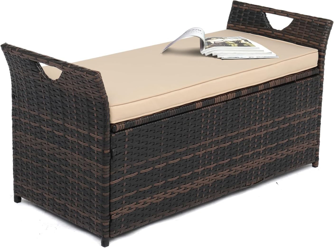 VINGLI Banco de almacenamiento al aire libre de 40 galones con cojín, caja de almacenamiento de ratán, caja de mimbre para patio con asiento para